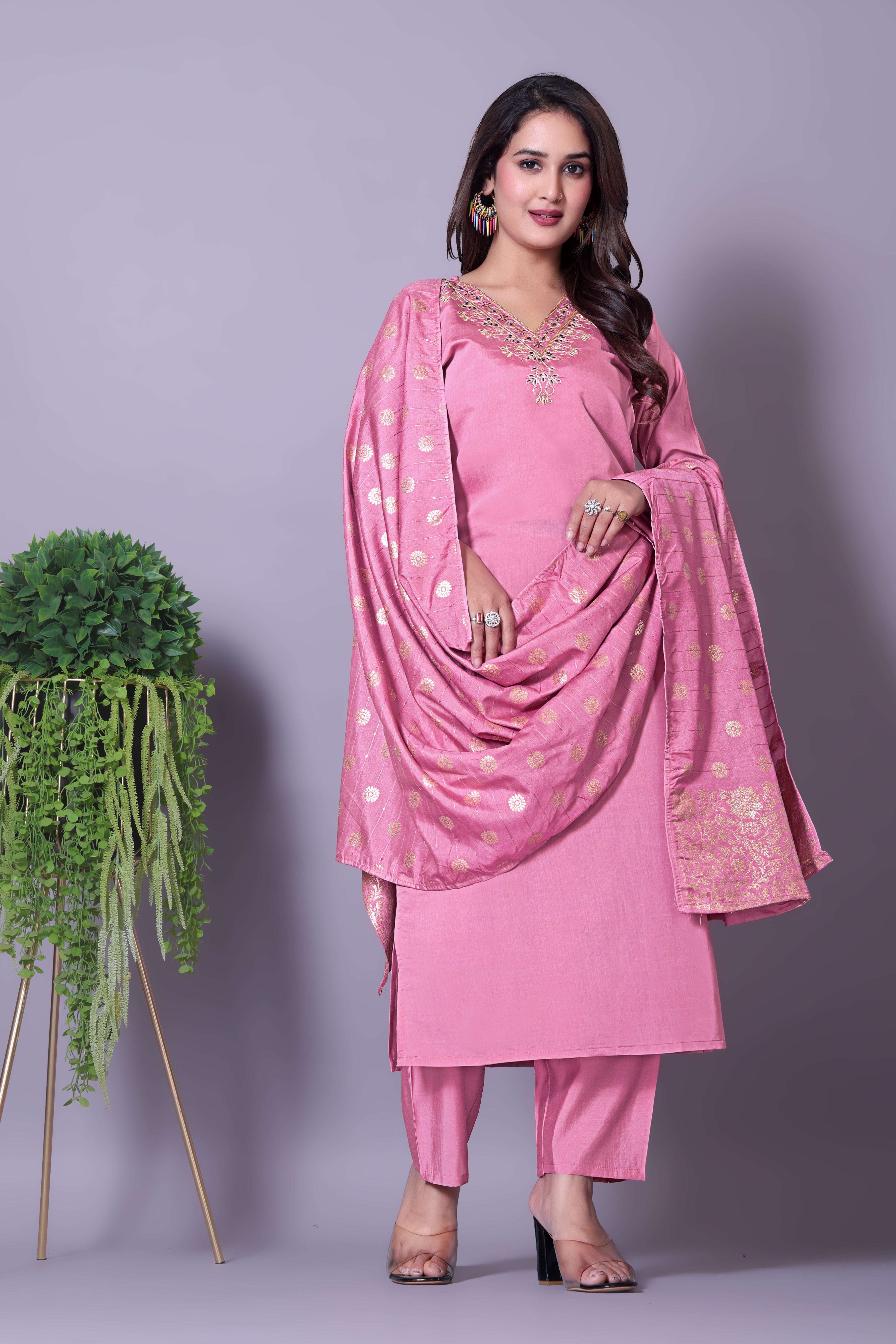 Women's Festive Wear Pink Ethnic Set with Gold Print Dupatta
