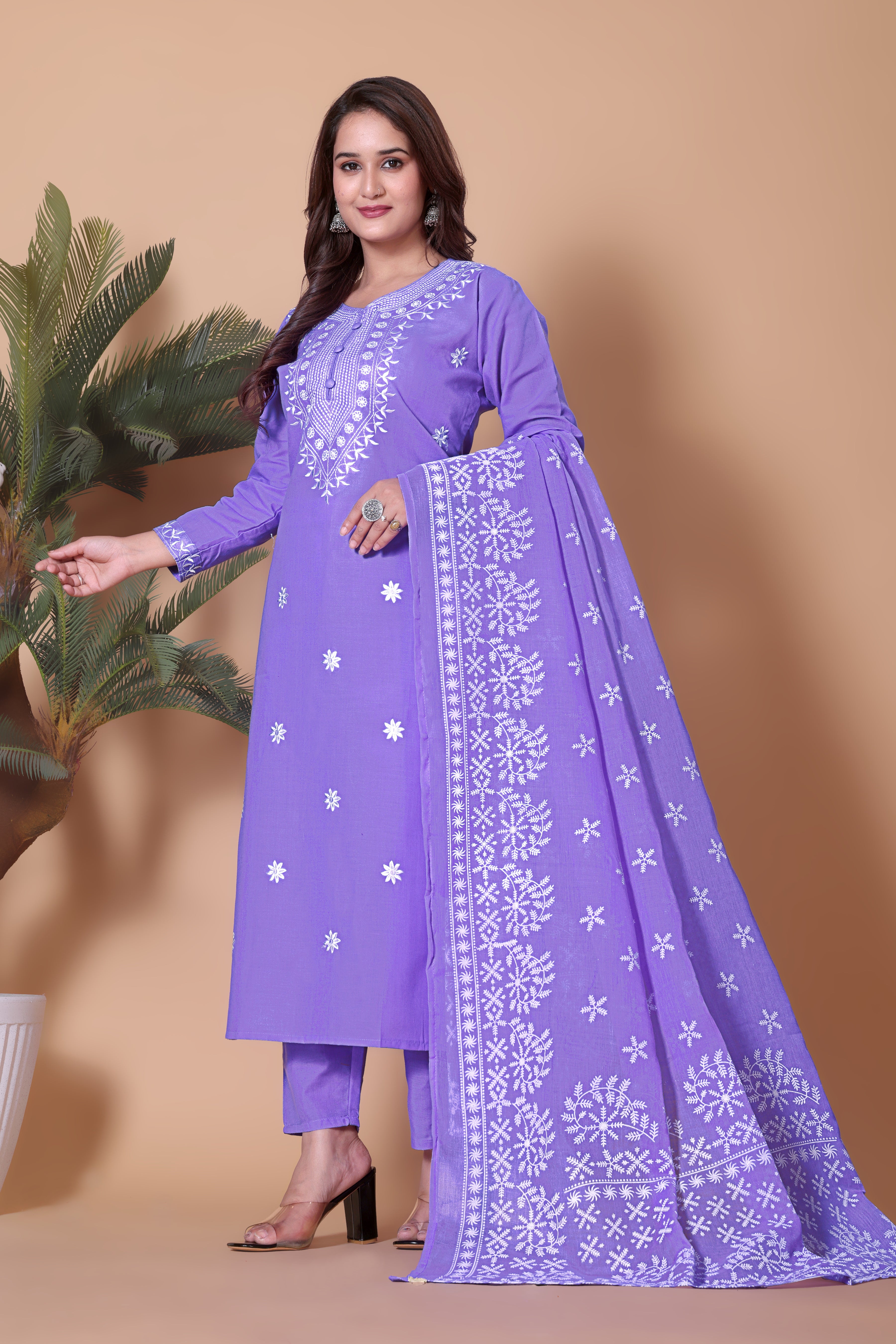 Lavender-Purple Cotton Blend Chikankari Embroidery Festive Wear Kurta with Dupatta Set