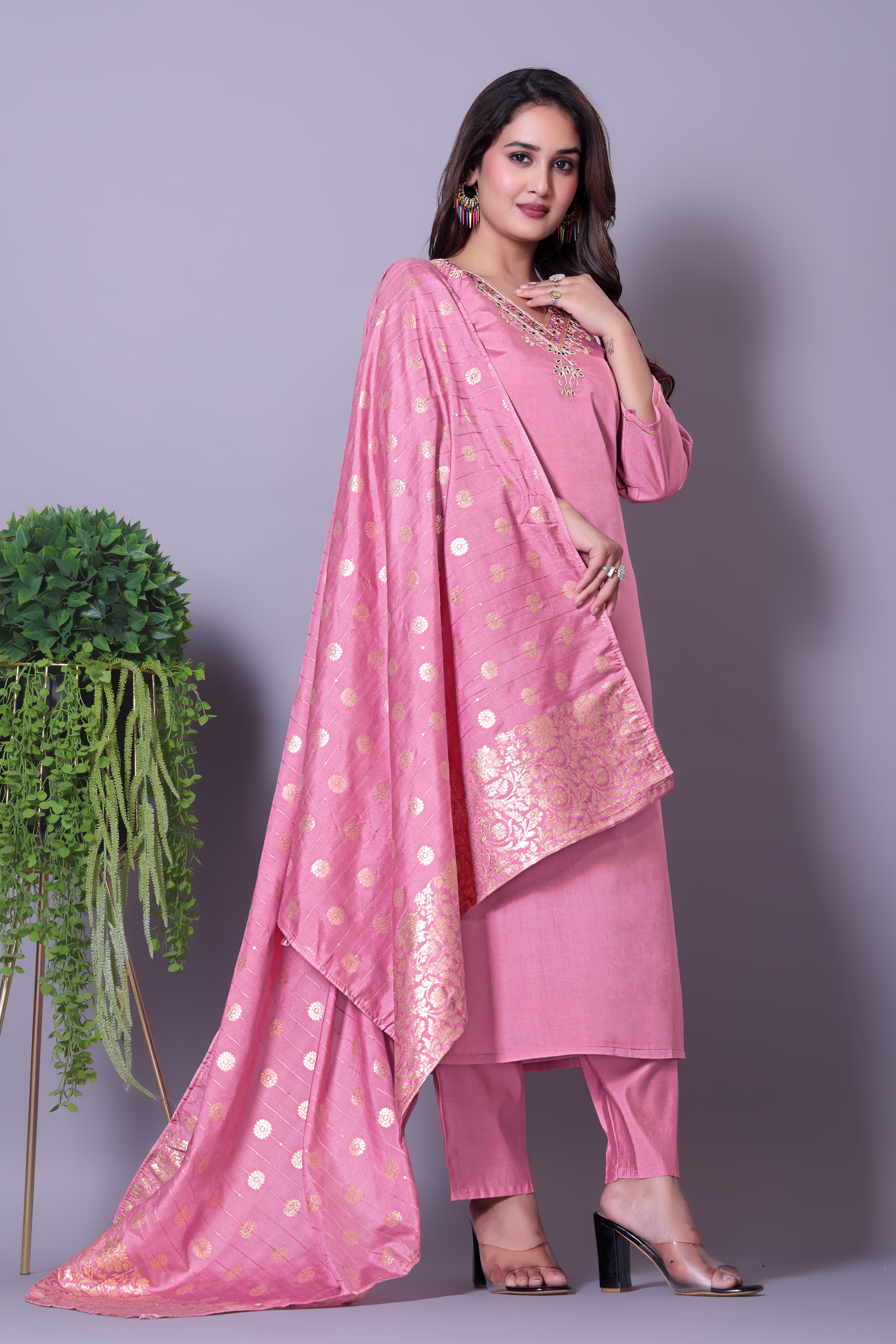 Women's Festive Wear Pink Ethnic Set with Gold Print Dupatta