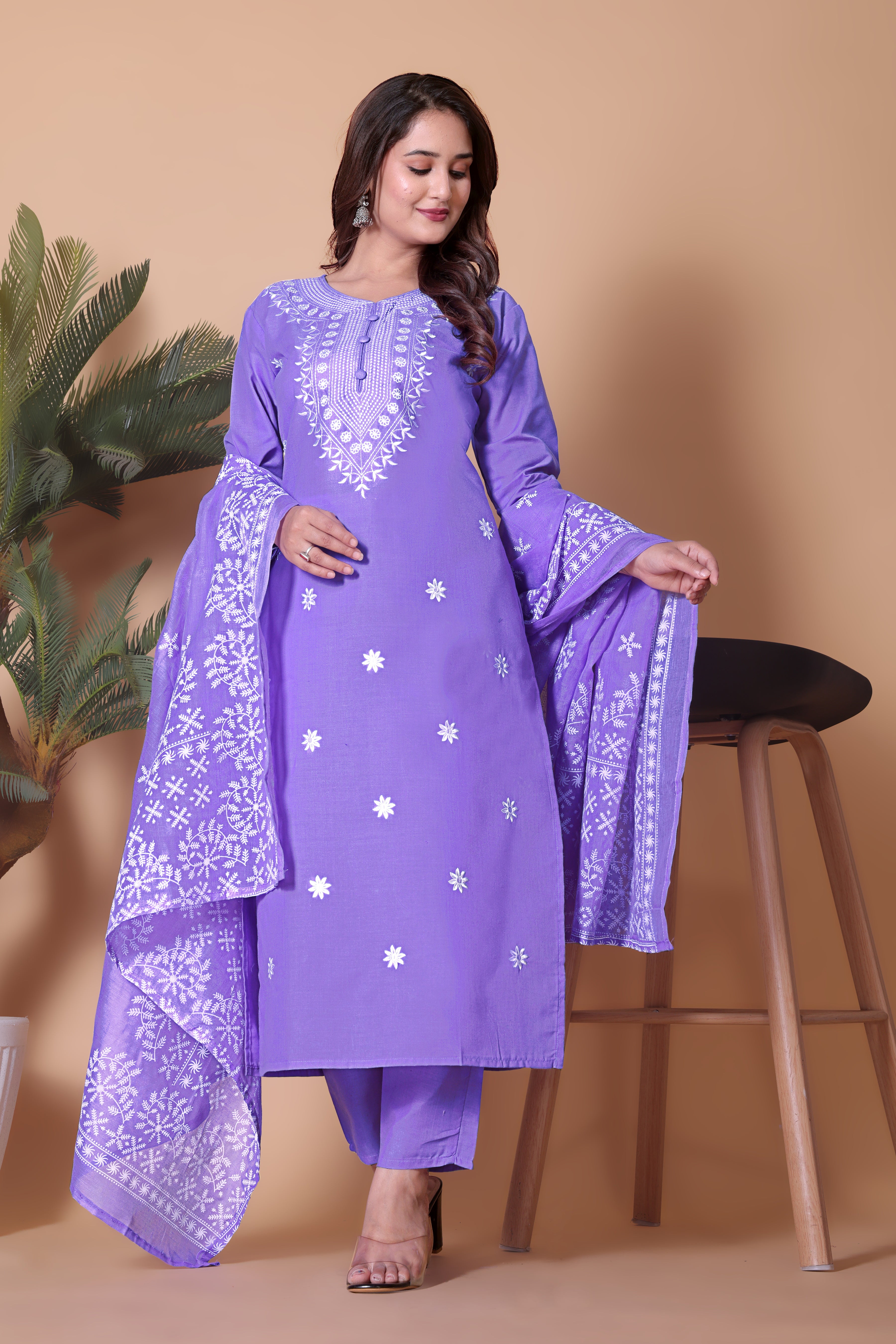Lavender-Purple Cotton Blend Chikankari Embroidery Festive Wear Kurta with Dupatta Set