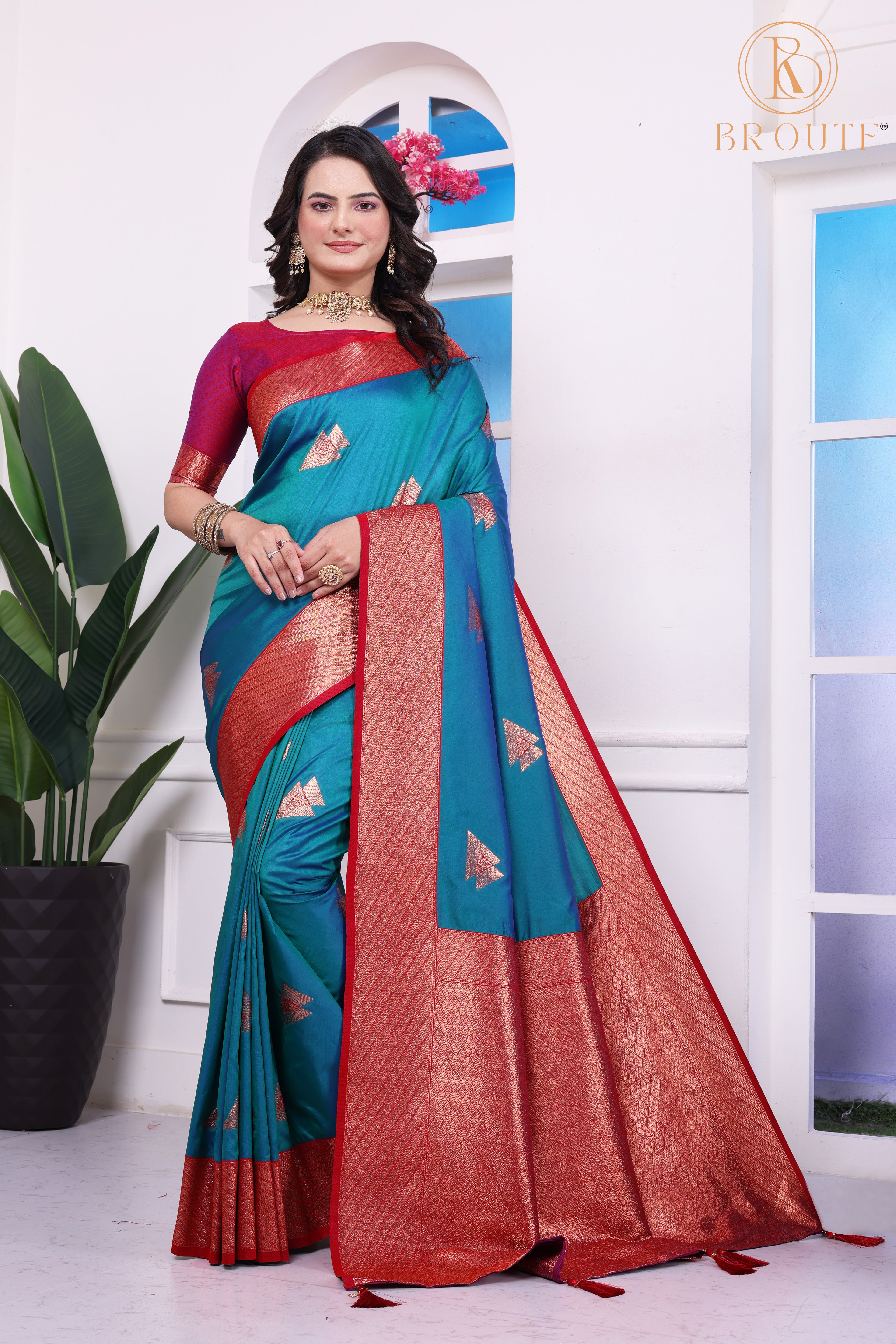 Mitera Turquoise Blue & Red Woven Design Zari Organza Banarasi Saree