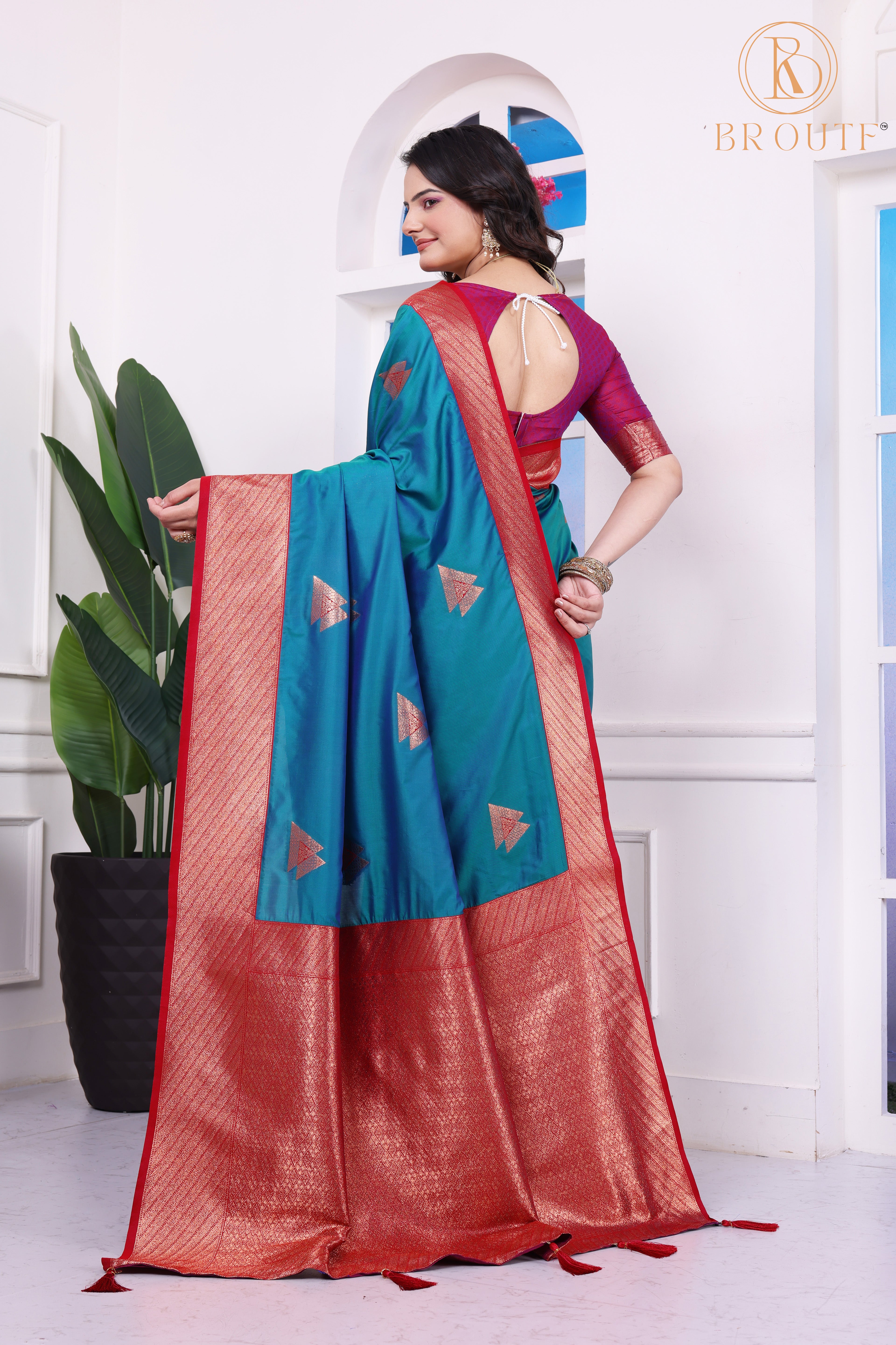 Mitera Turquoise Blue & Red Woven Design Zari Organza Banarasi Saree