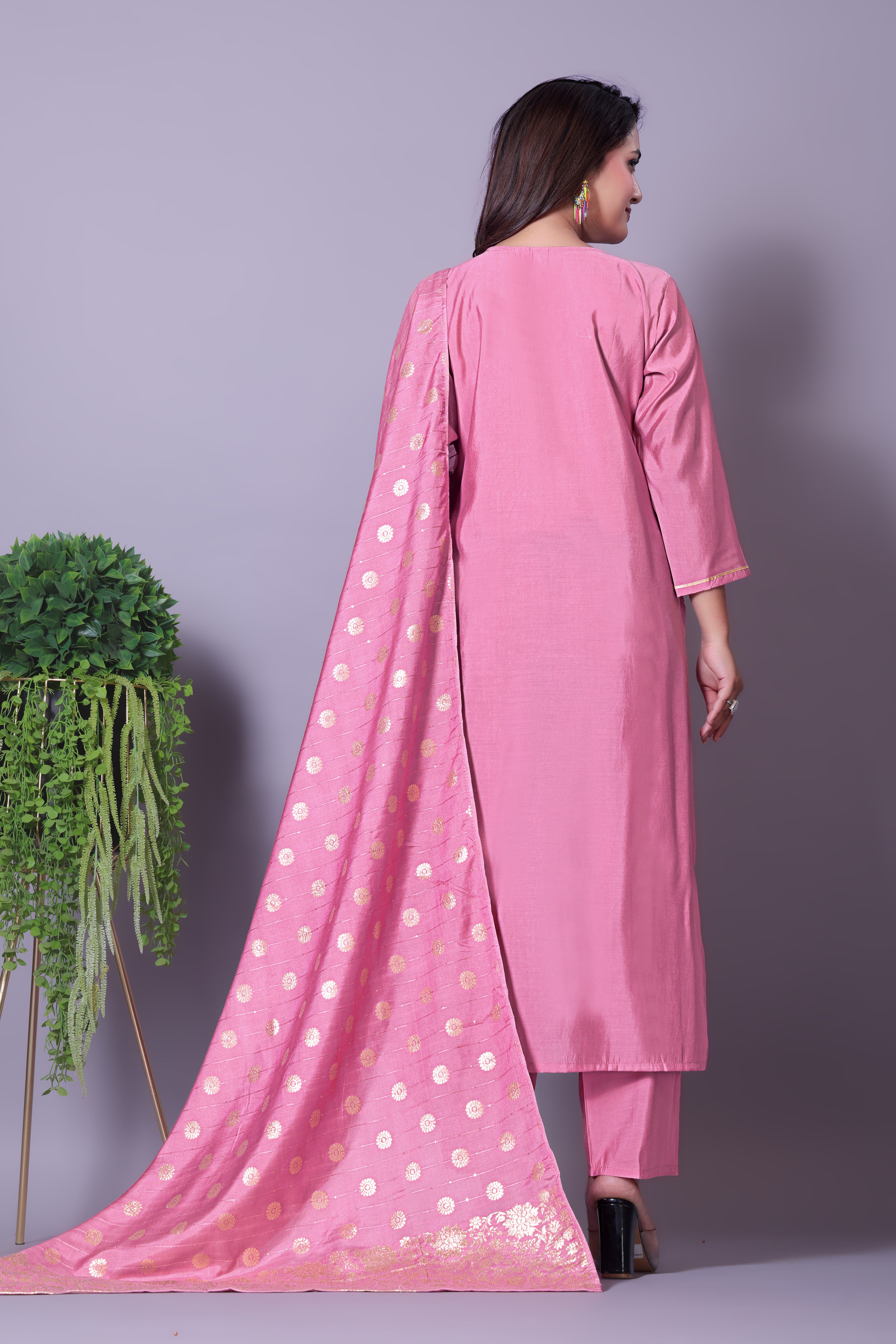 Women's Festive Wear Pink Ethnic Set with Gold Print Dupatta