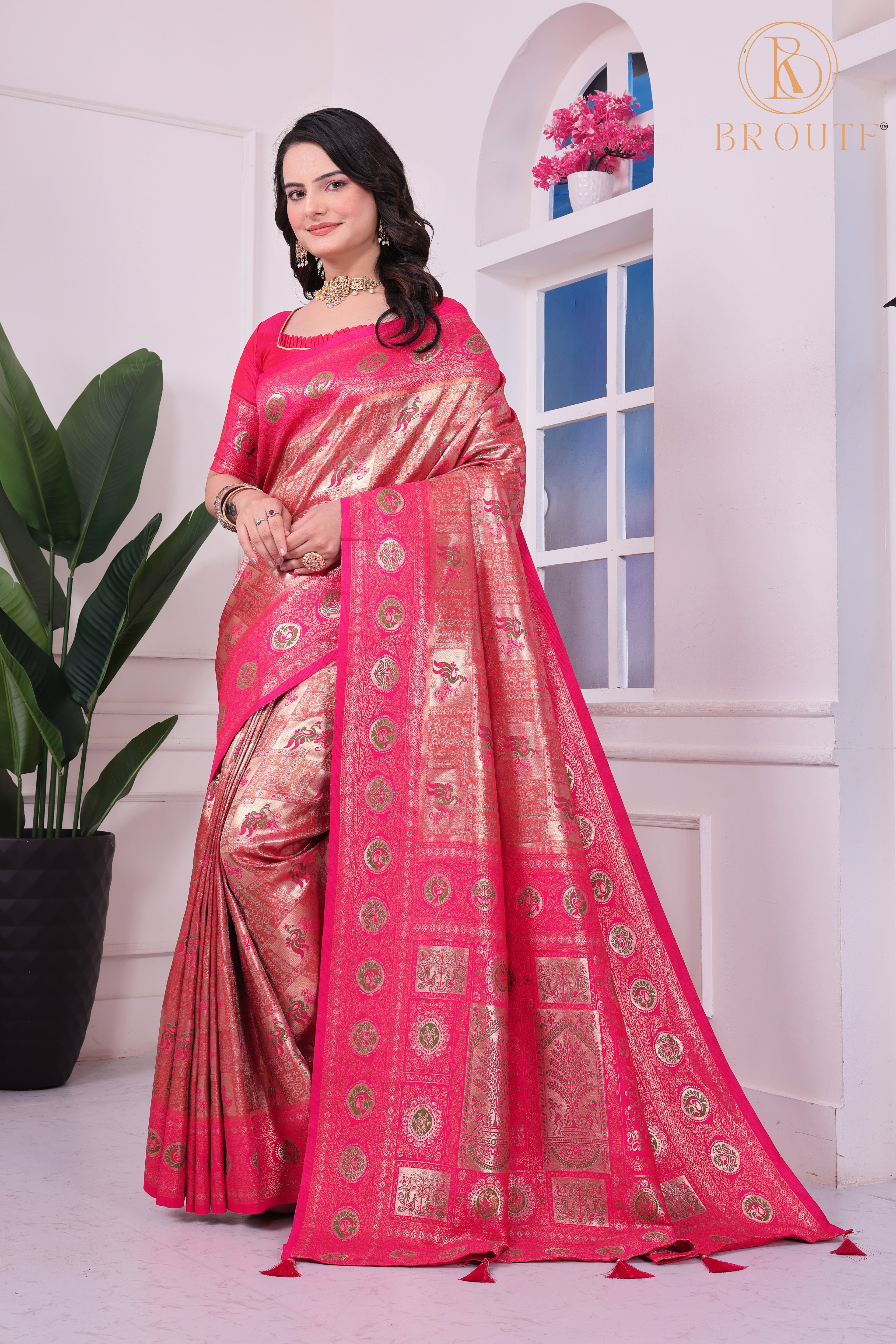 Elegant Pink Soft Silk Saree with Banarasi Zari Weaving and Tassels