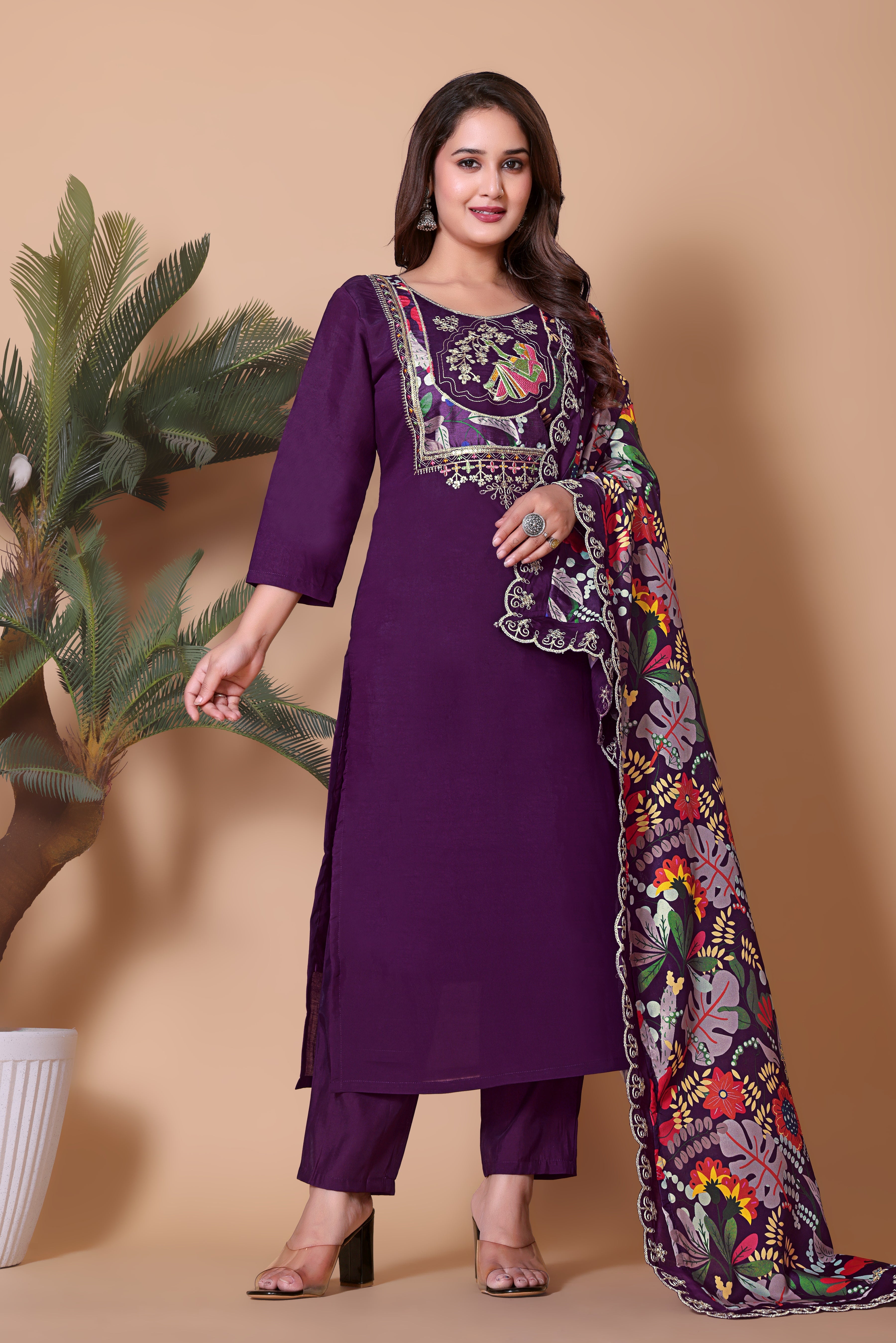 Purple Embroidered Kurta Set with Floral Print Dupatta