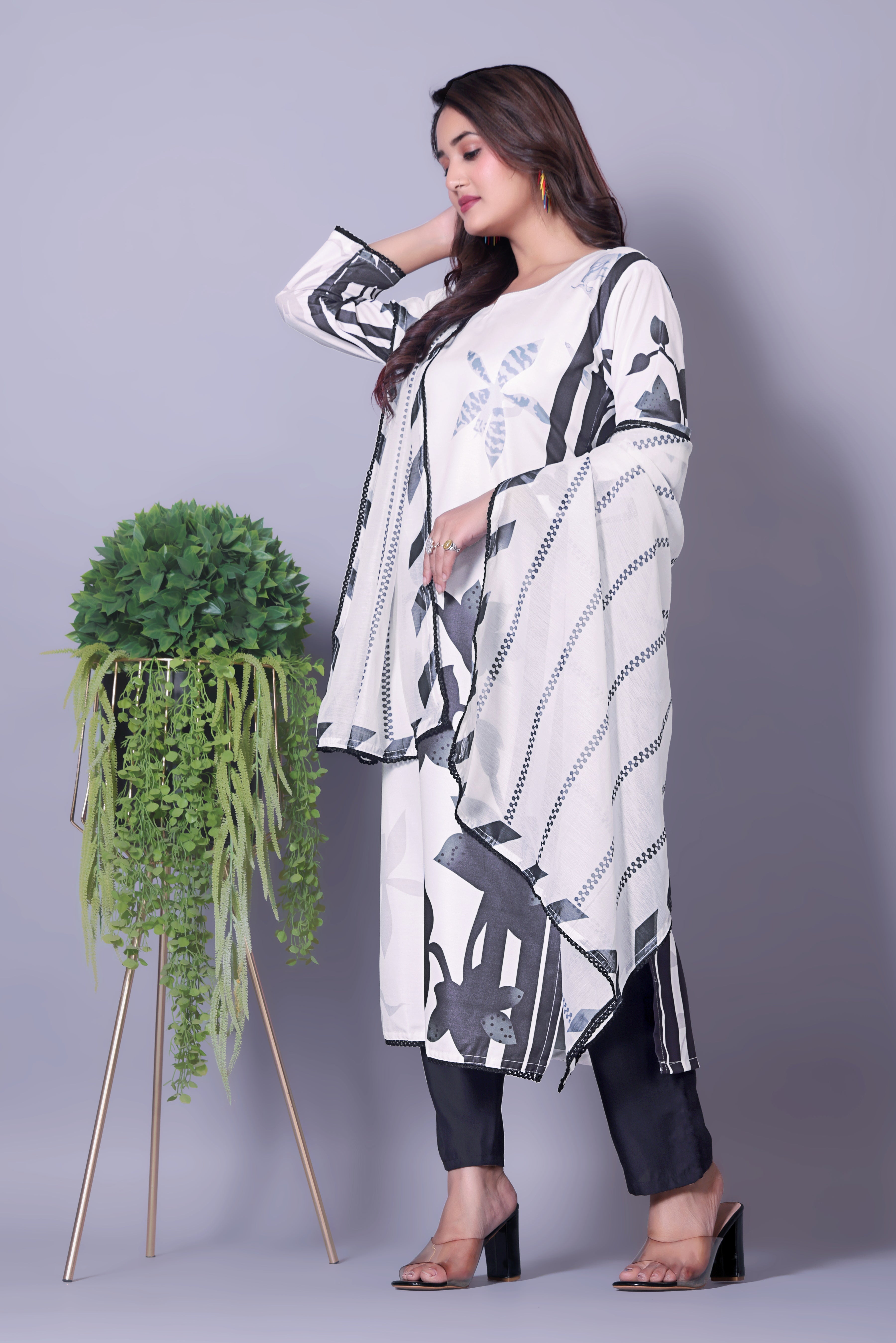 Elegant Black & White Floral Print Muslin Kurta Set with Dupatta for Women