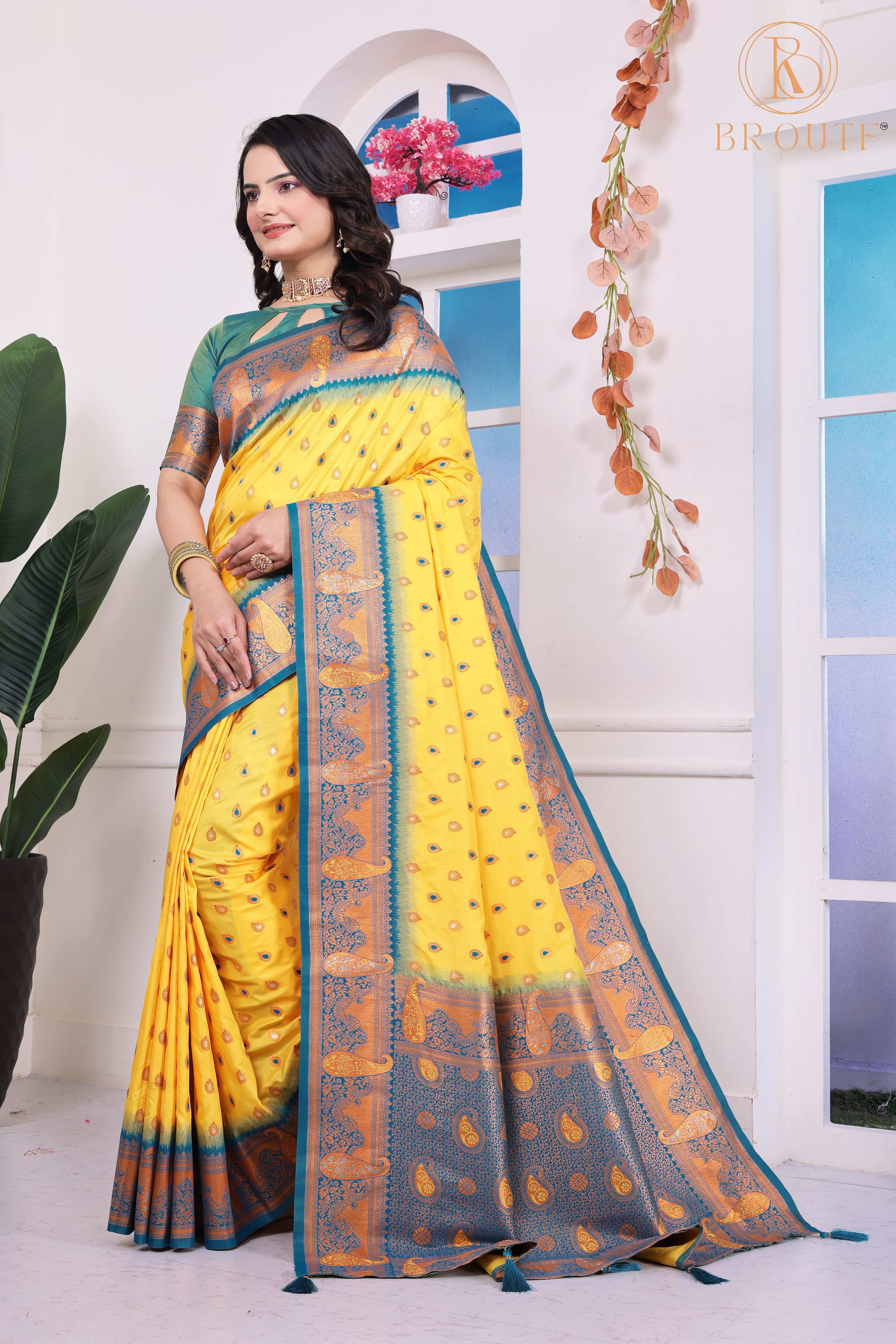 Yellow Art Silk Kanjeevaram Saree with Woven Ethnic Motifs