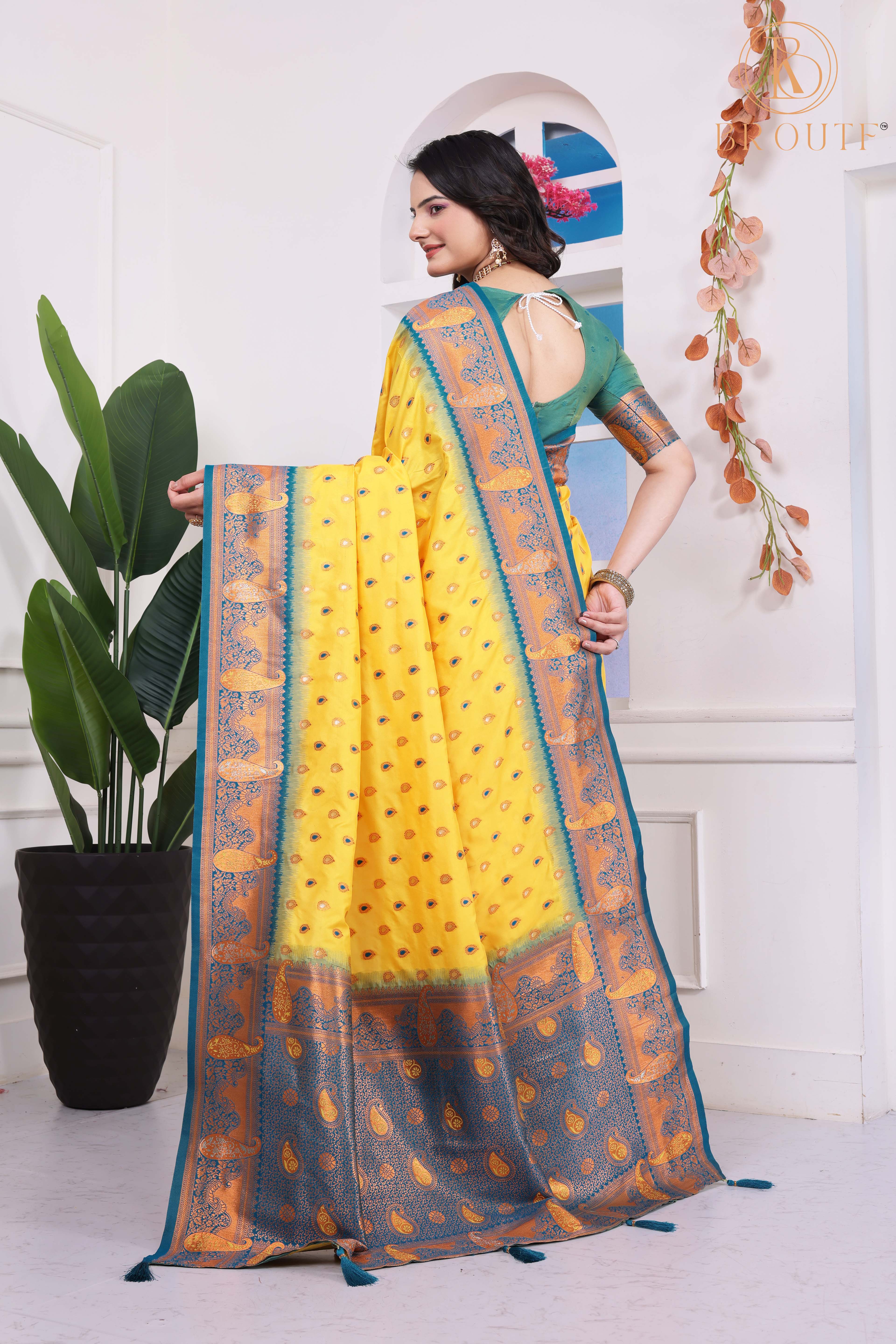 Yellow Art Silk Kanjeevaram Saree with Woven Ethnic Motifs