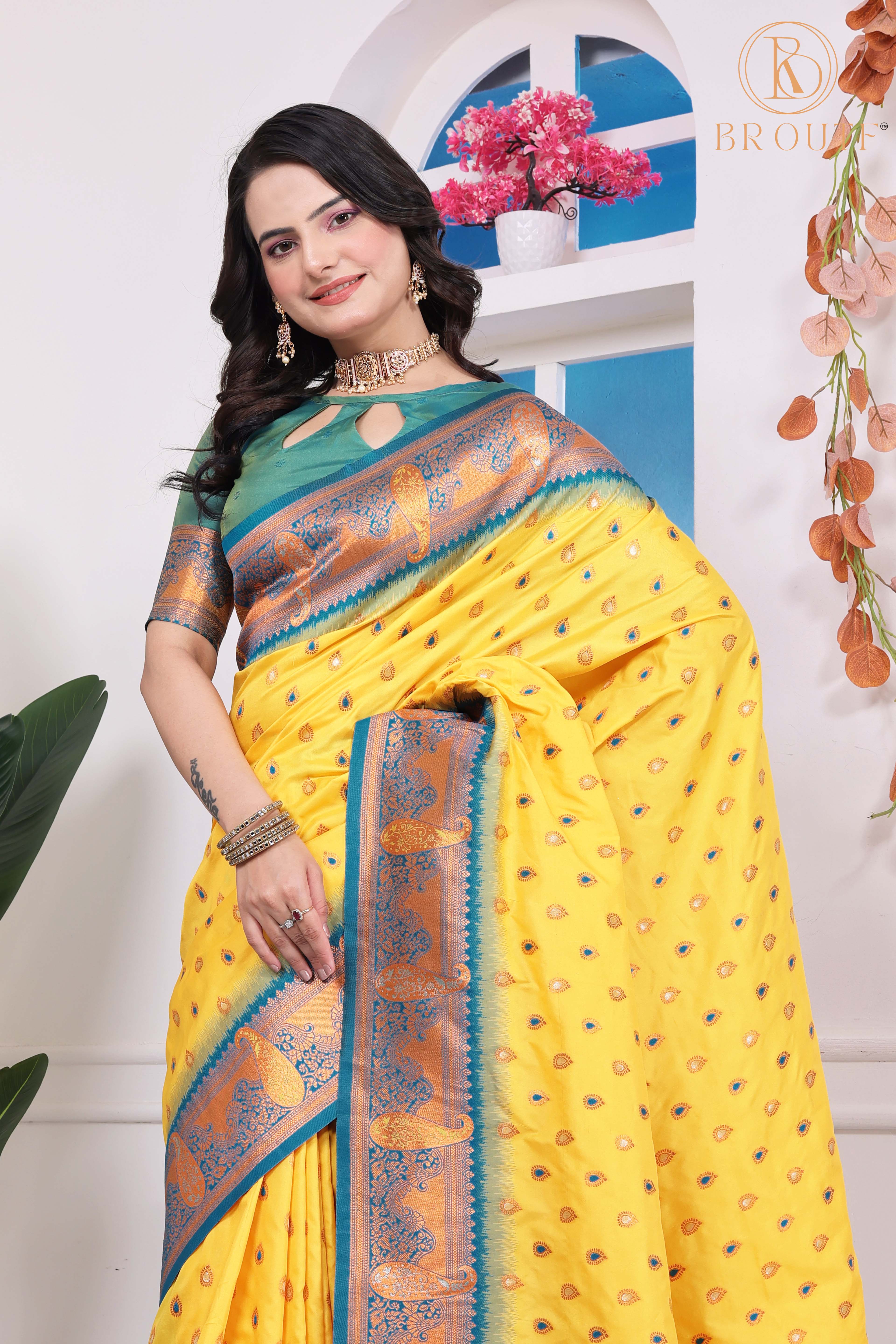 Yellow Art Silk Kanjeevaram Saree with Woven Ethnic Motifs