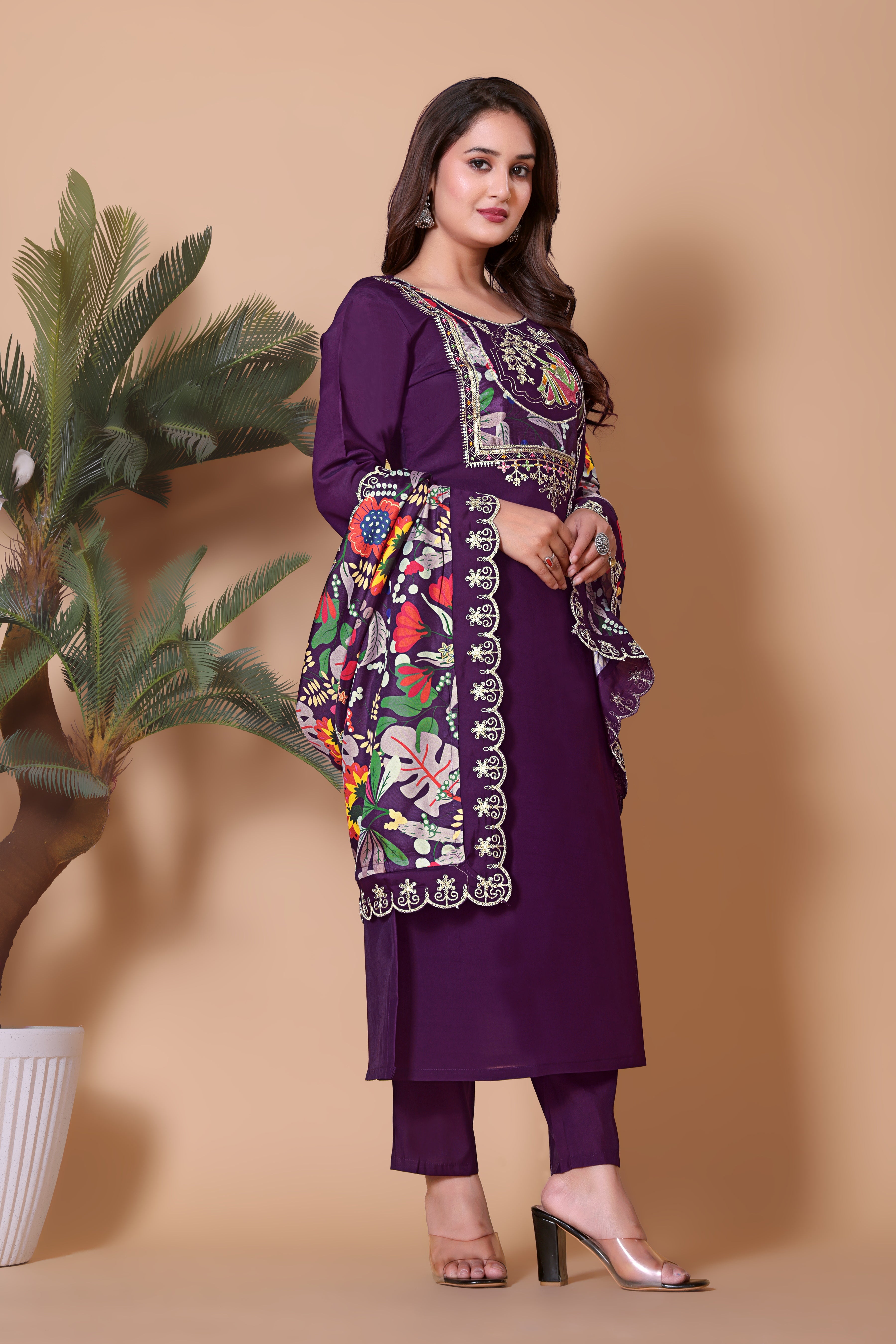 Purple Embroidered Kurta Set with Floral Print Dupatta