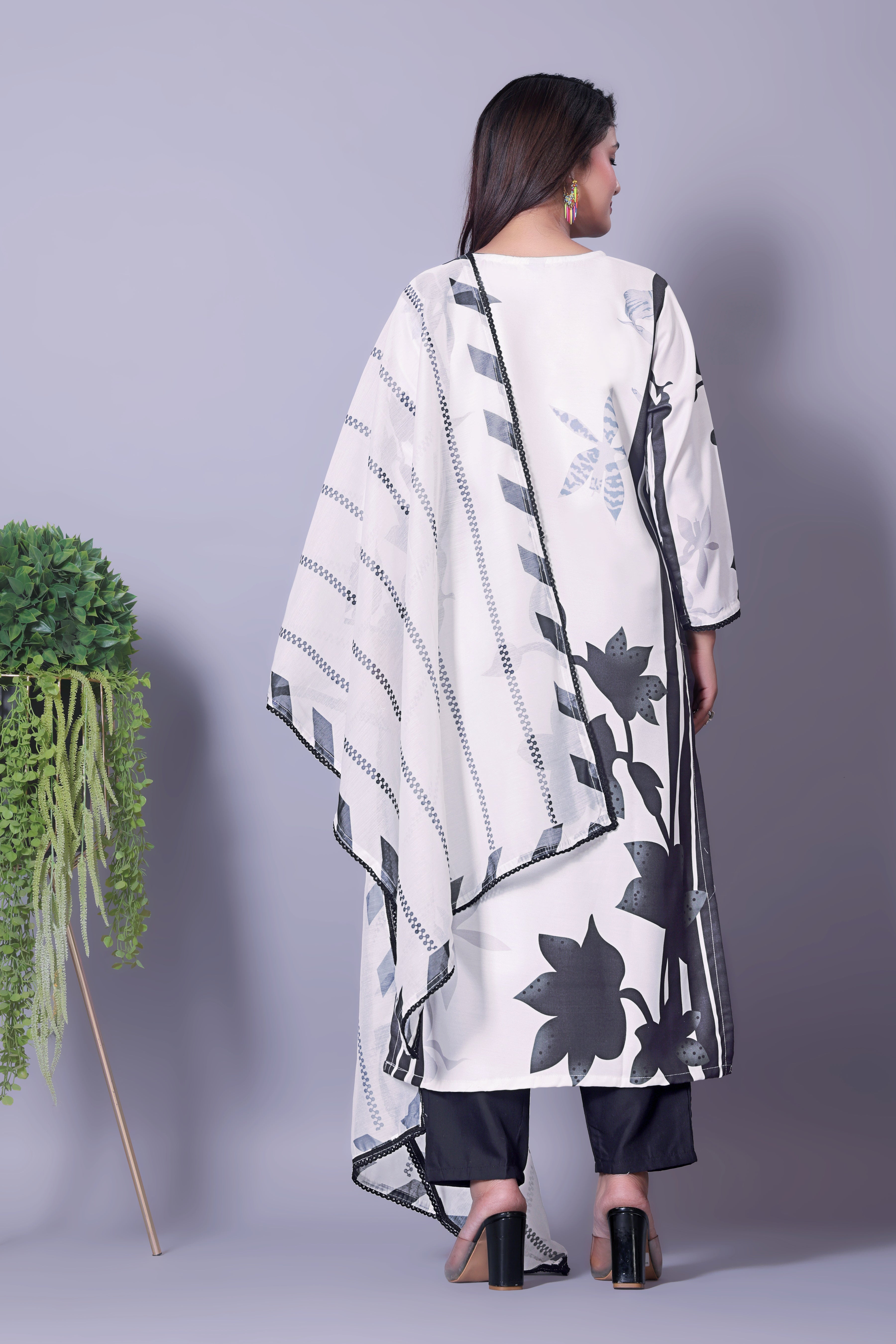 Elegant Black & White Floral Print Muslin Kurta Set with Dupatta for Women