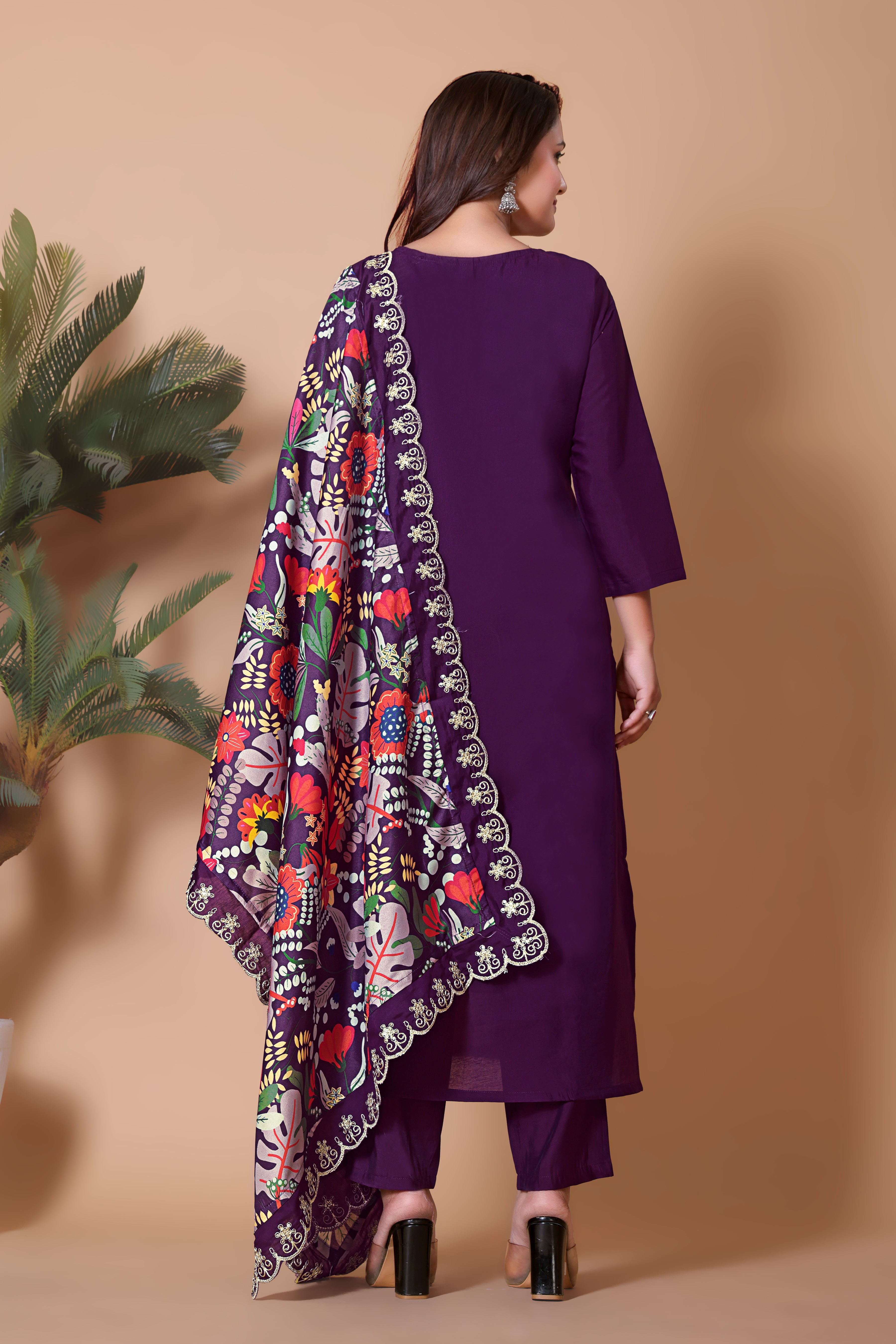 Purple Embroidered Kurta Set with Floral Print Dupatta