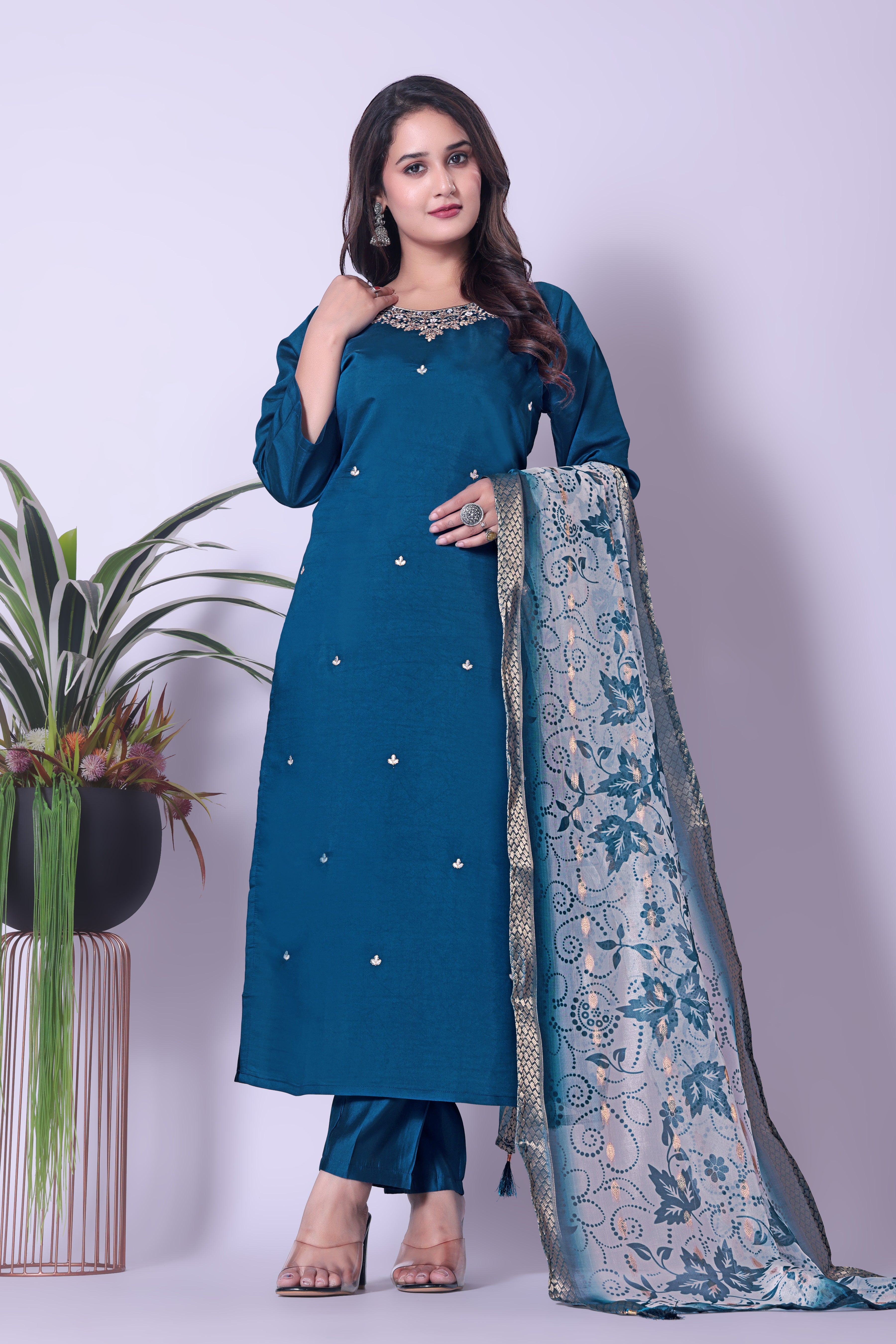Women's Teal Blue Embroidered Muslin Kurta Set with Printed Dupatta.