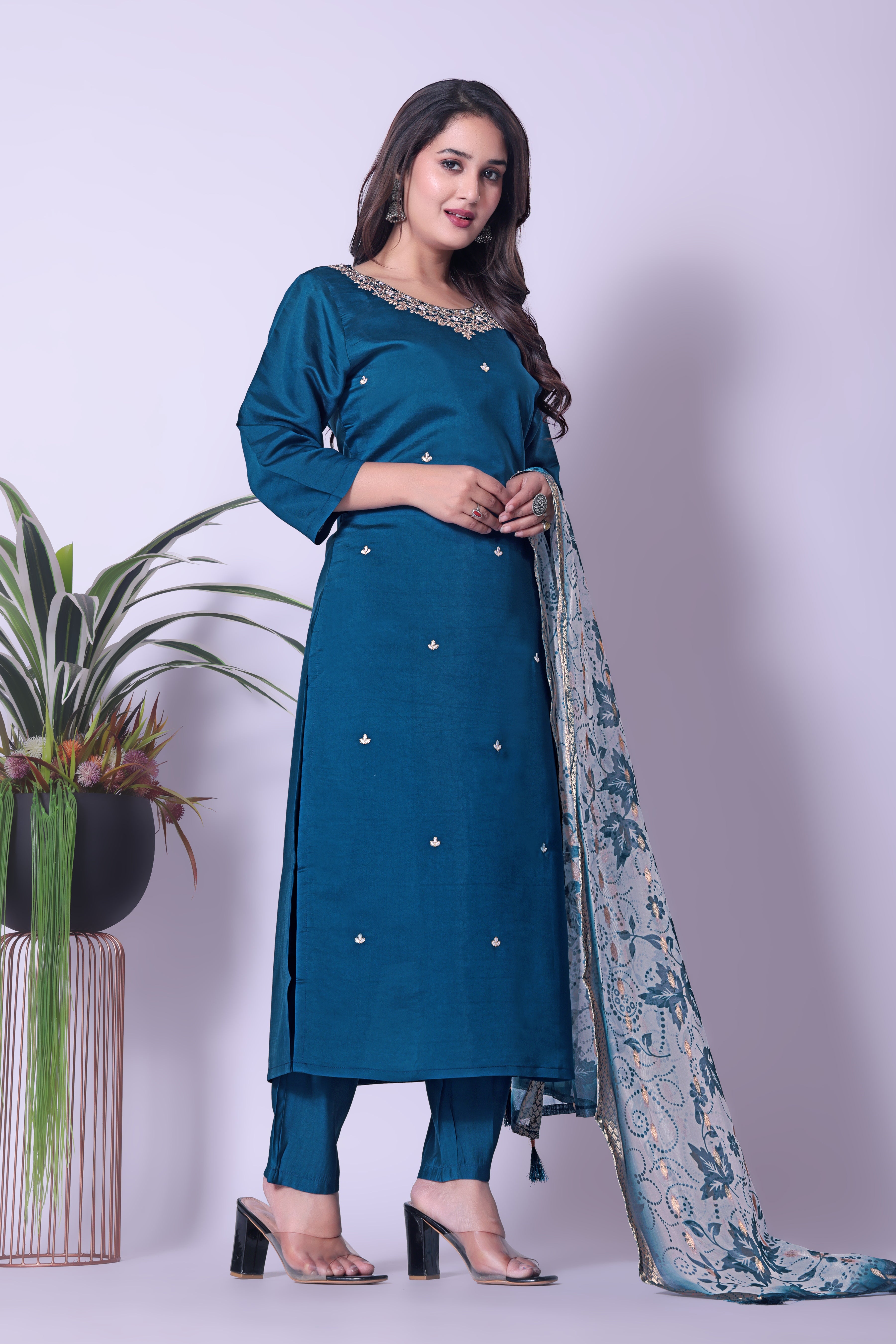 Women's Teal Blue Embroidered Muslin Kurta Set with Printed Dupatta.