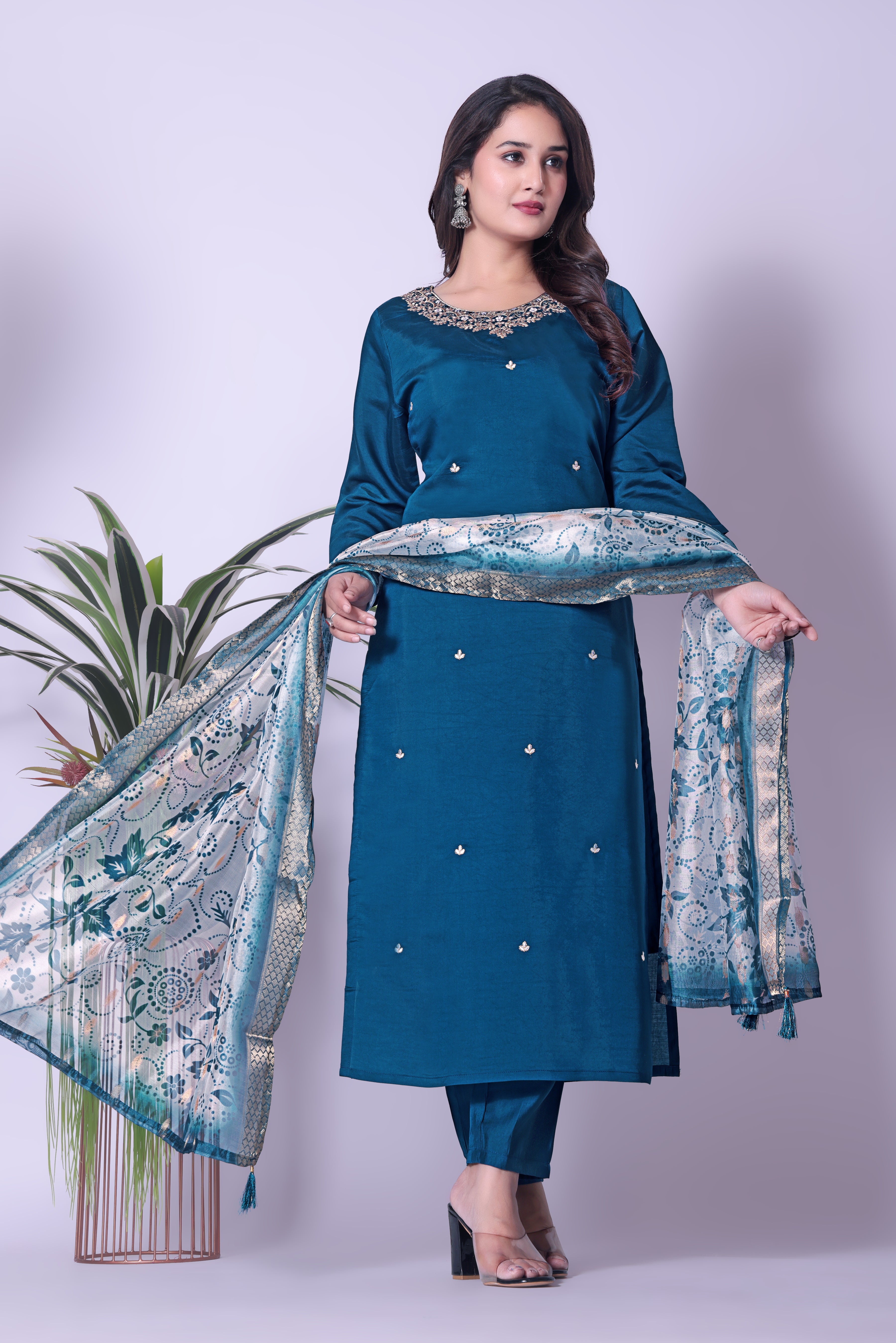 Women's Teal Blue Embroidered Muslin Kurta Set with Printed Dupatta.