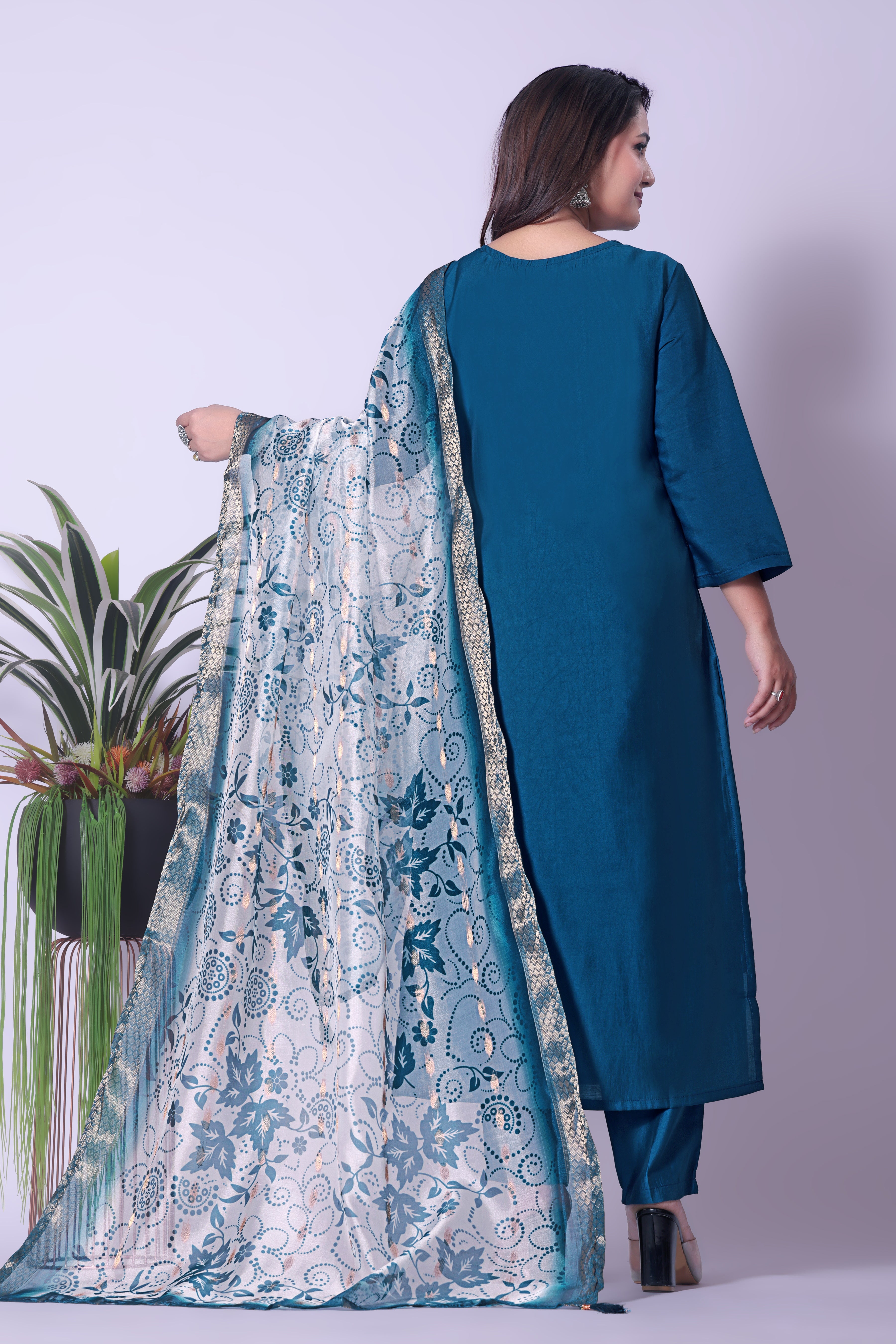 Women's Teal Blue Embroidered Muslin Kurta Set with Printed Dupatta.