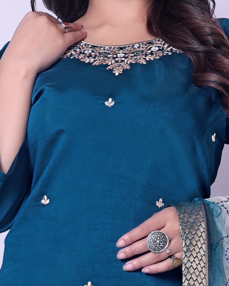 Women's Teal Blue Embroidered Muslin Kurta Set with Printed Dupatta.