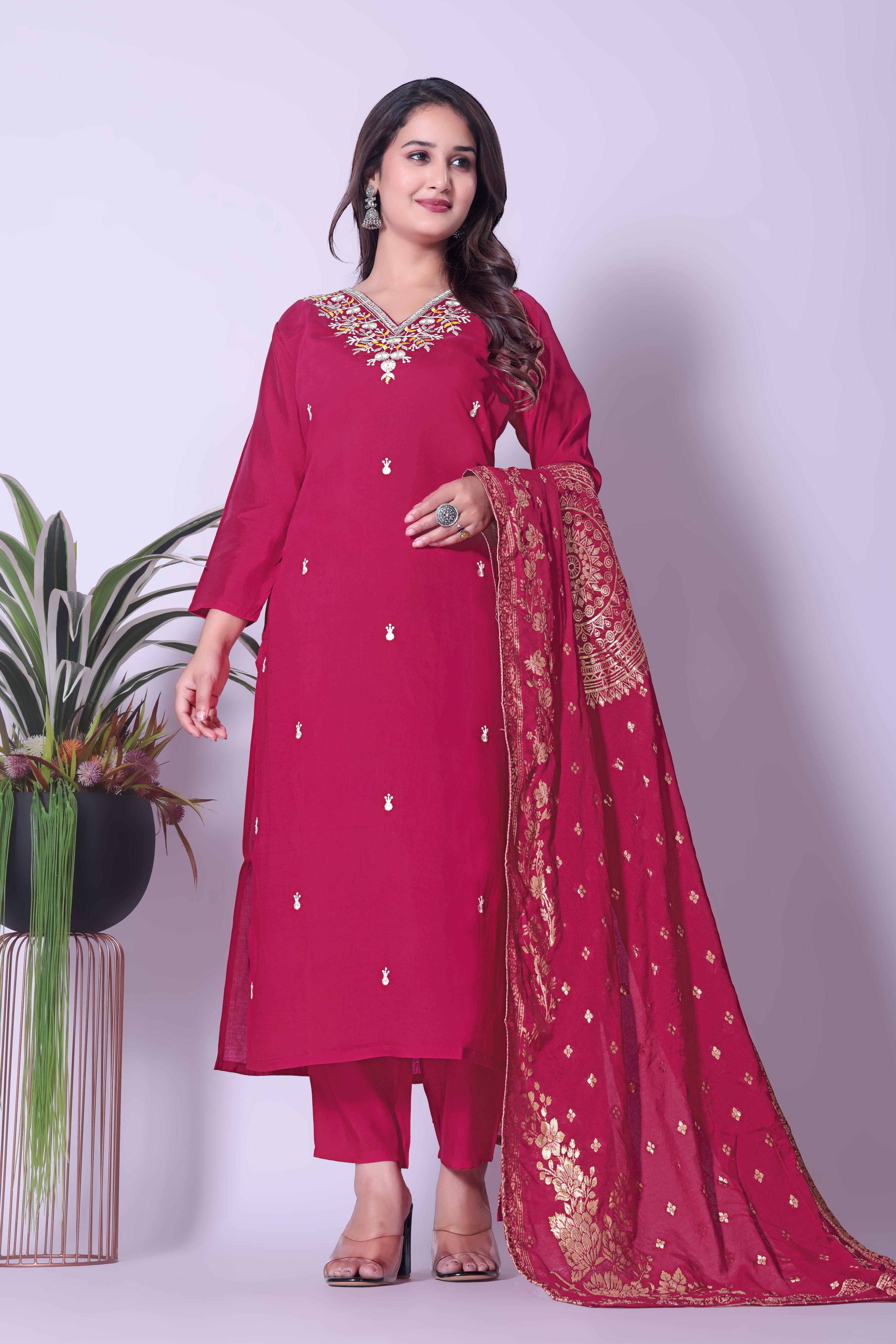 Women's Maroon Embroidered Kurta Pant Set with Dupatta