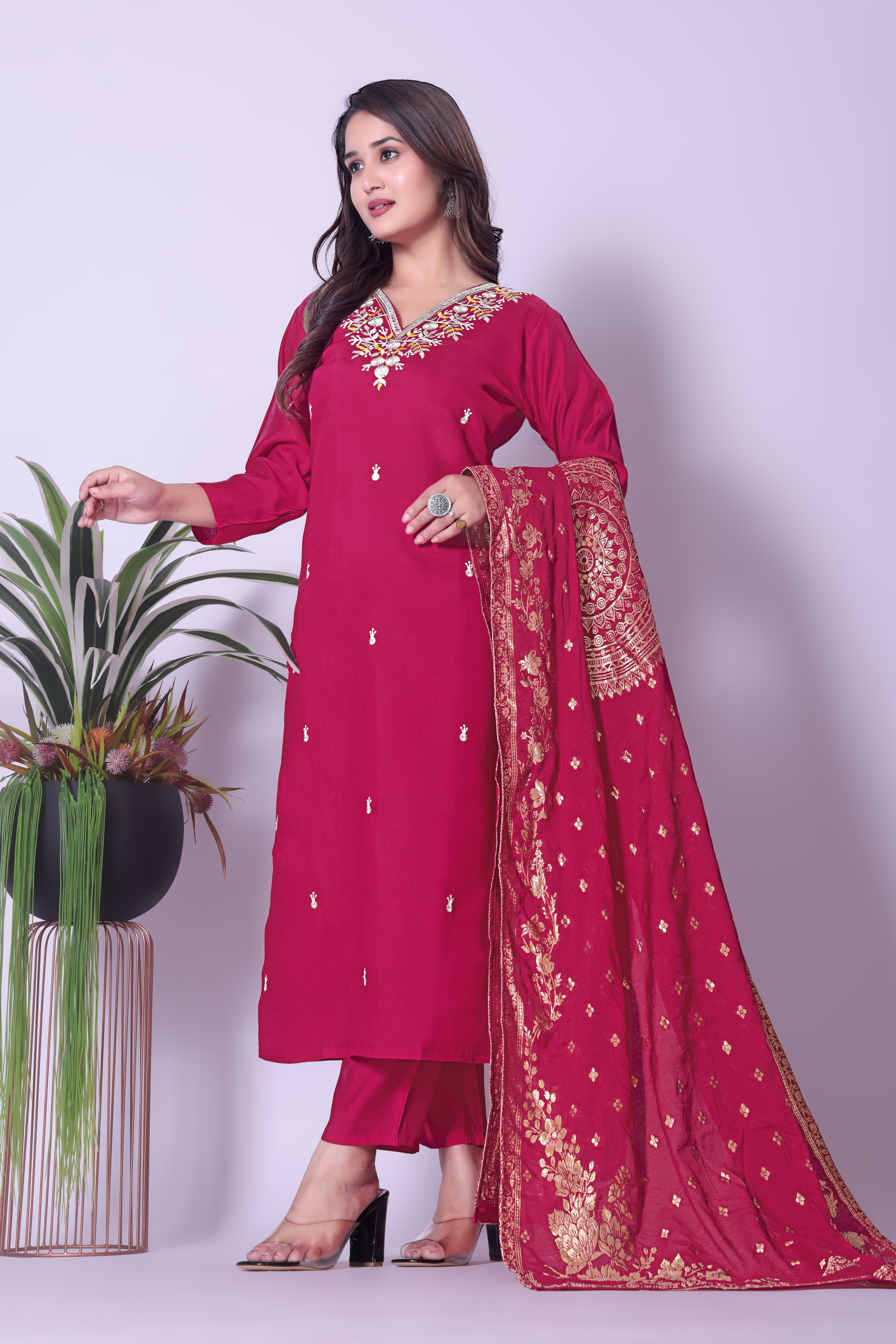 Women's Maroon Embroidered Kurta Pant Set with Dupatta