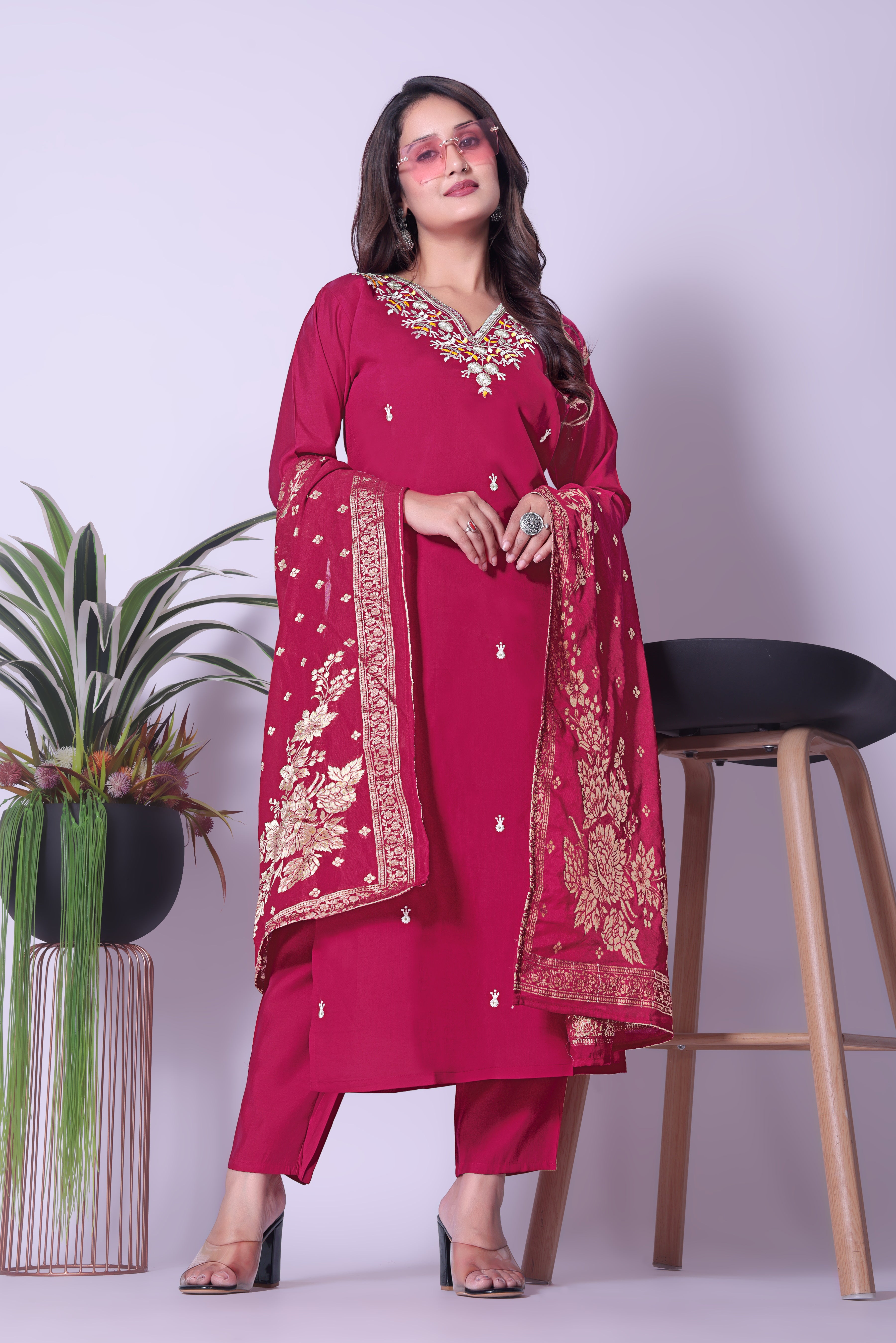 Women's Maroon Embroidered Kurta Pant Set with Dupatta