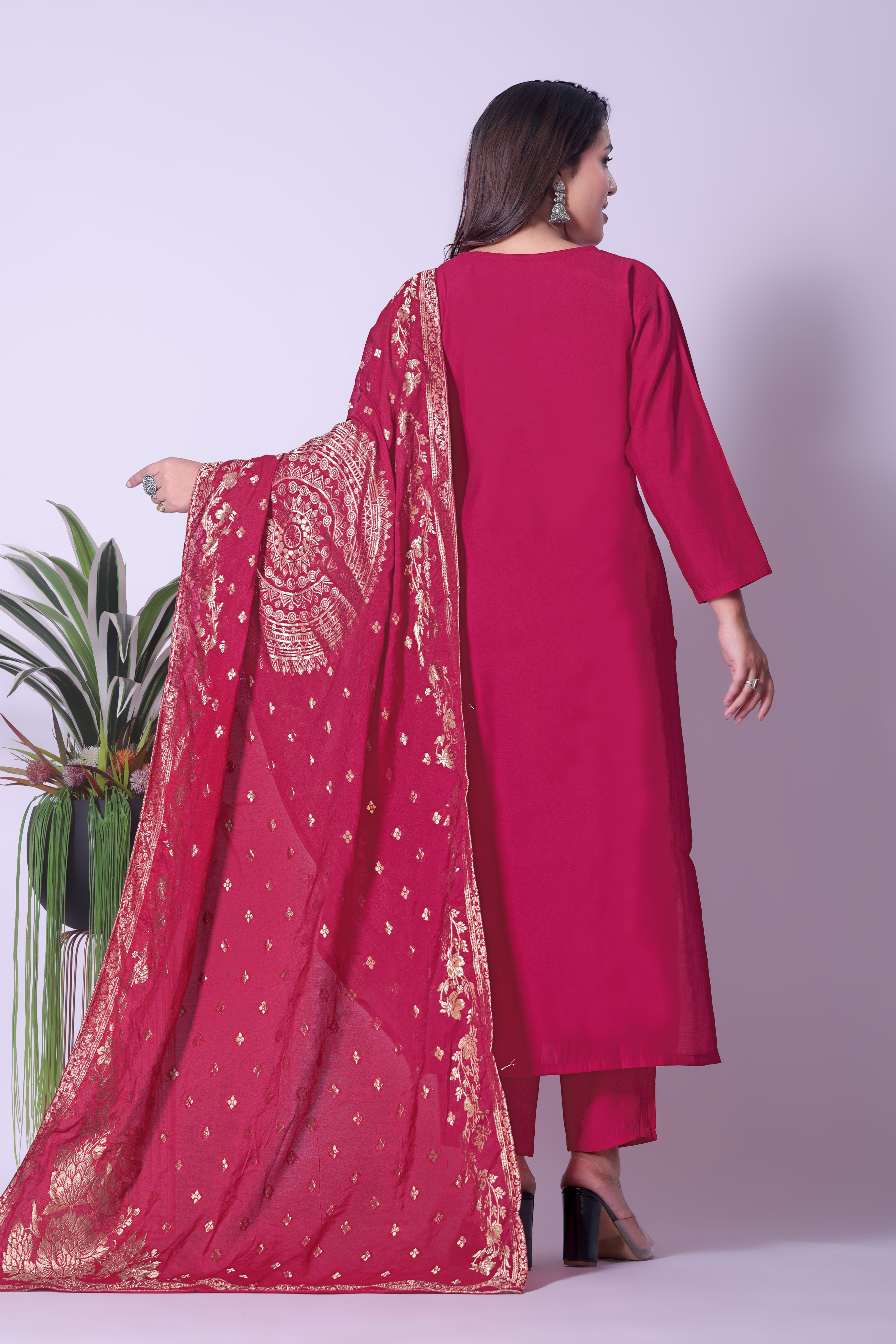 Women's Maroon Embroidered Kurta Pant Set with Dupatta