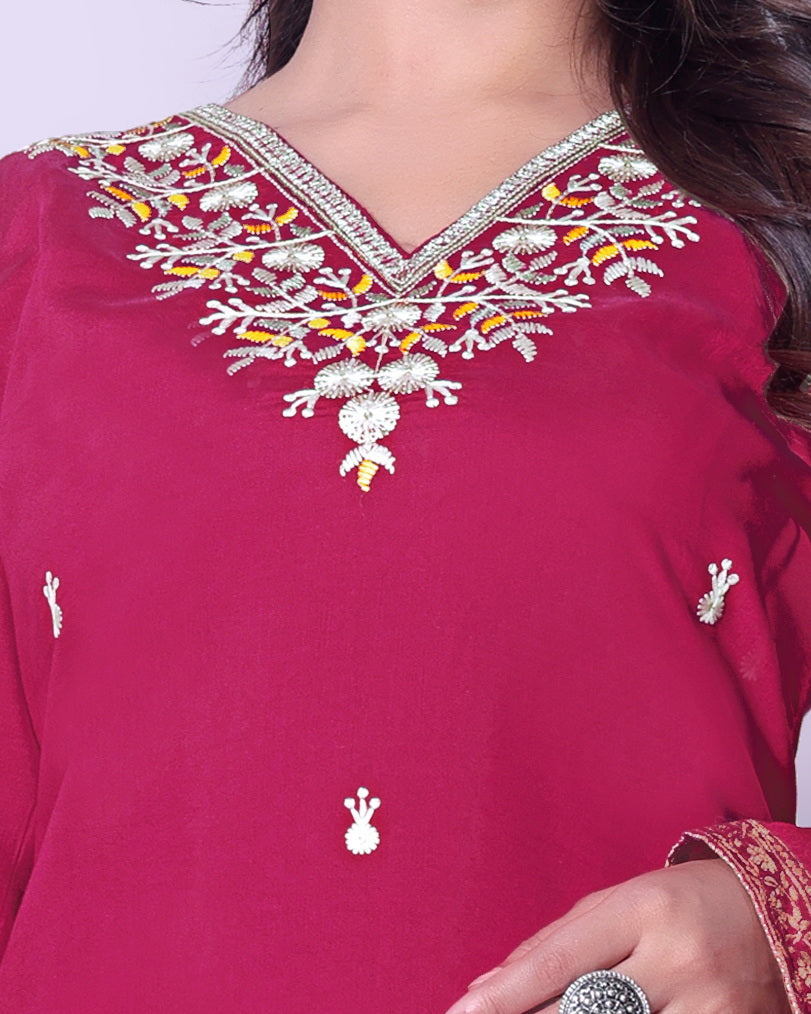 Women's Maroon Embroidered Kurta Pant Set with Dupatta