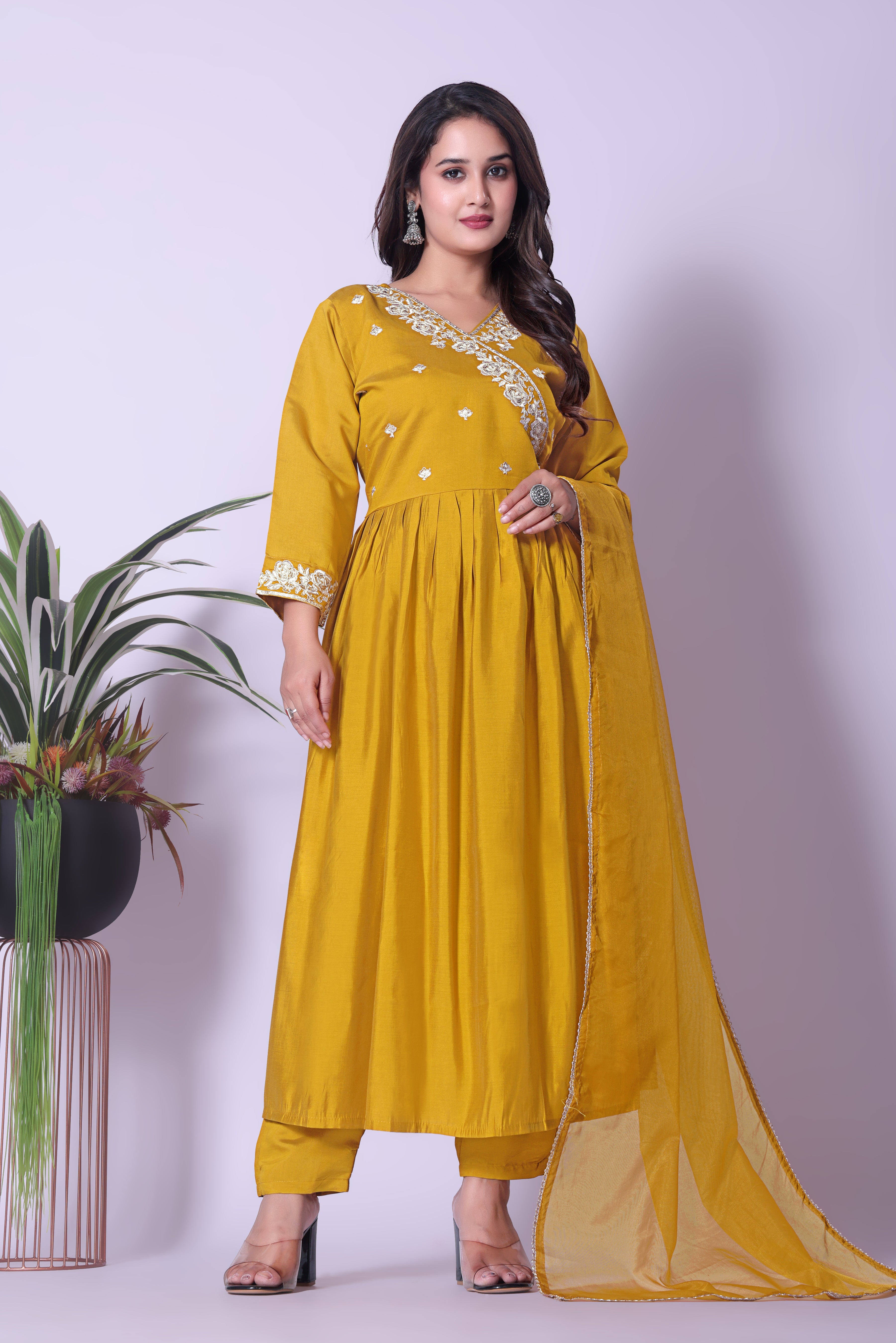 Women's Mustard Yellow A-Line Kurta with Pleated Details & Dupatta