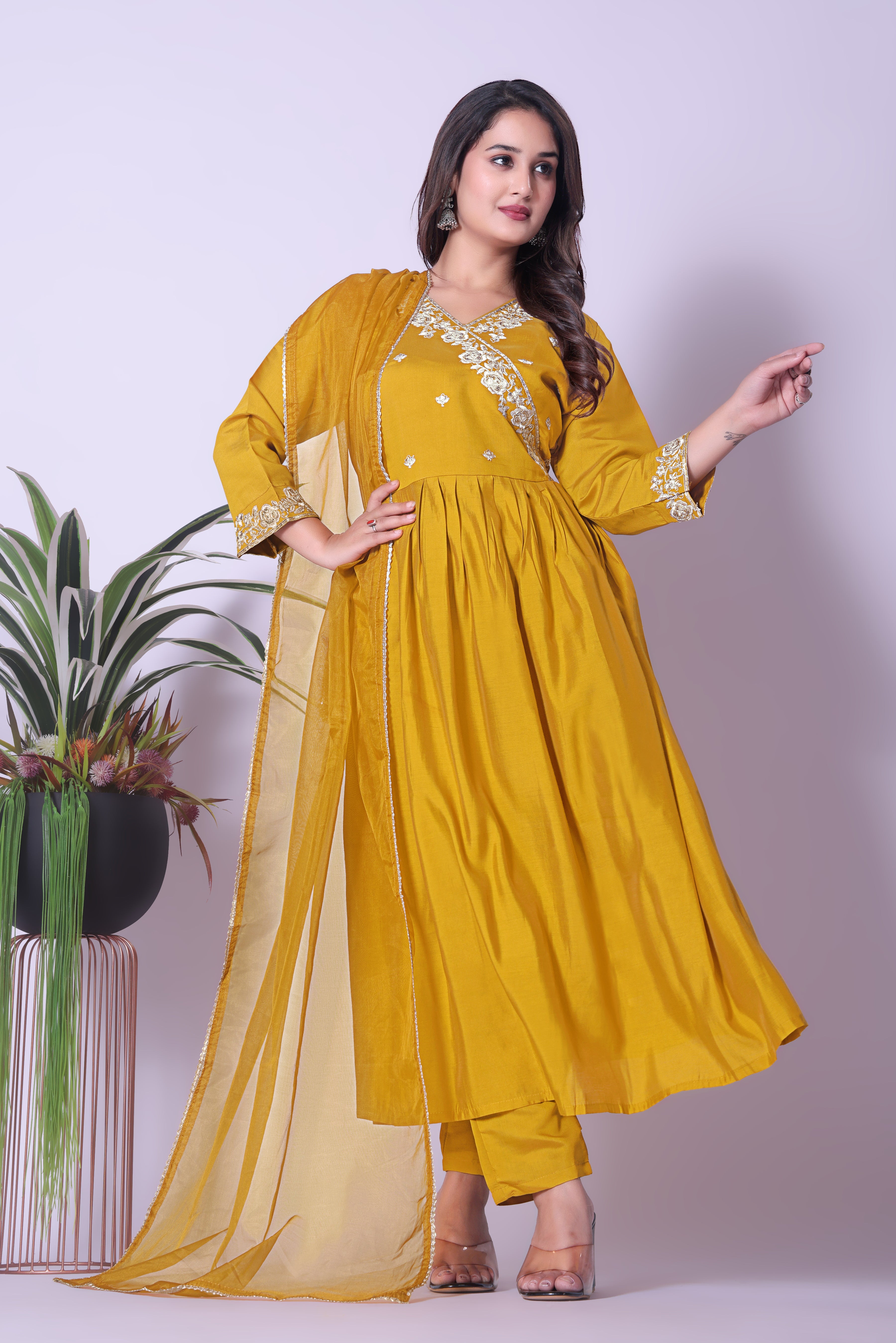 Women's Mustard Yellow A-Line Kurta with Pleated Details & Dupatta