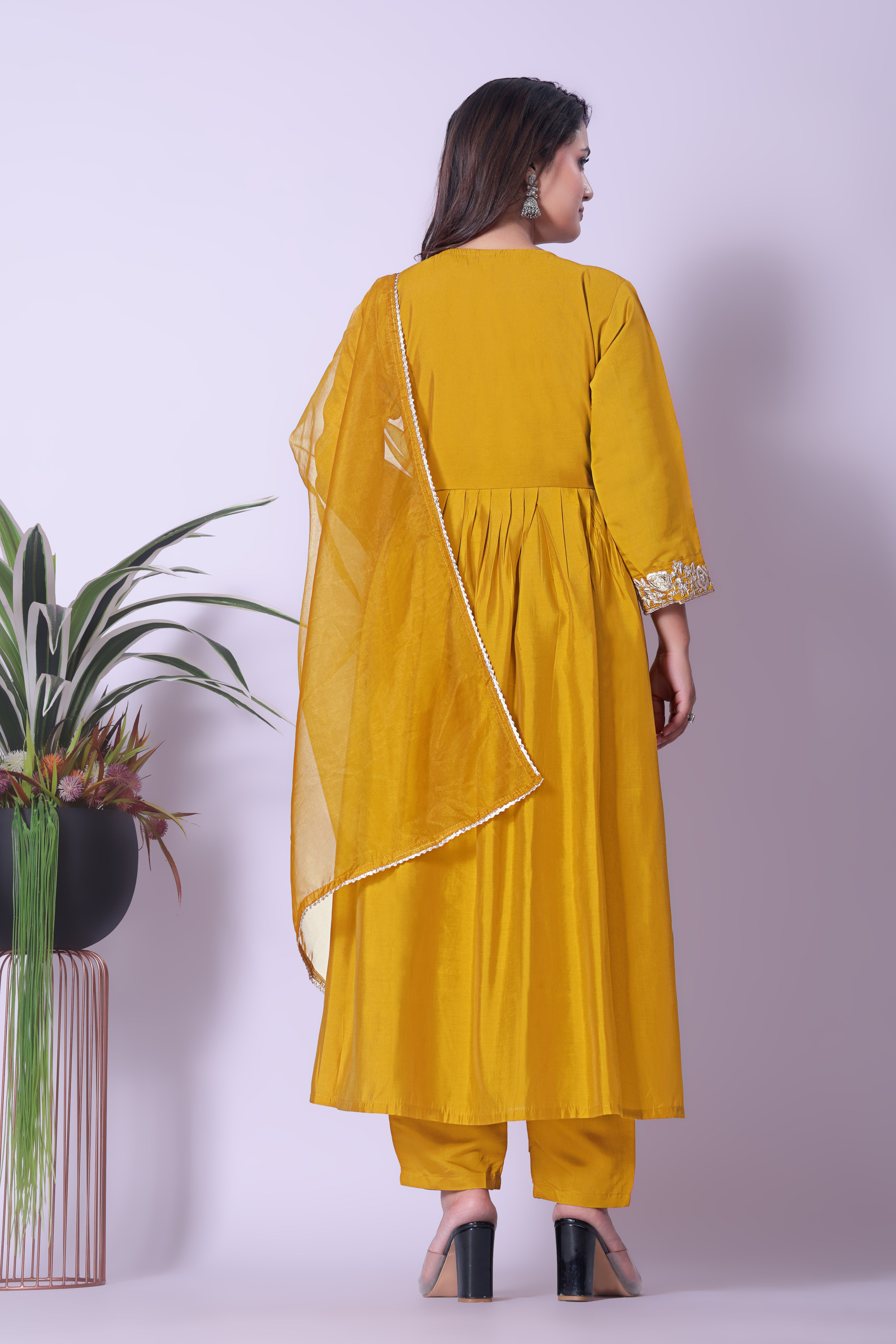Women's Mustard Yellow A-Line Kurta with Pleated Details & Dupatta