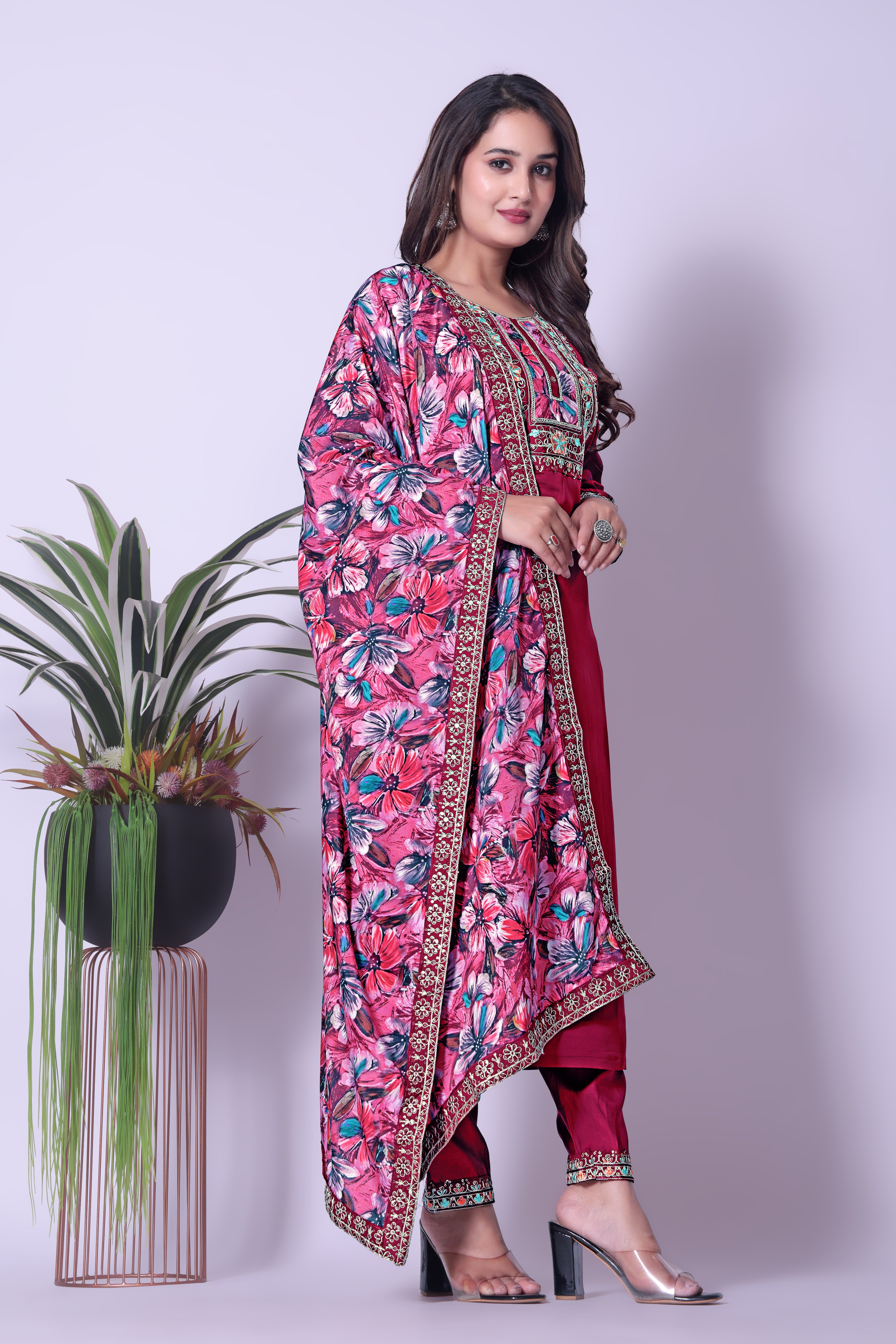 Stylish Maroon Straight Kurta Palazzo Set featuring Intricate Embroidery & Multi-color Dupatta