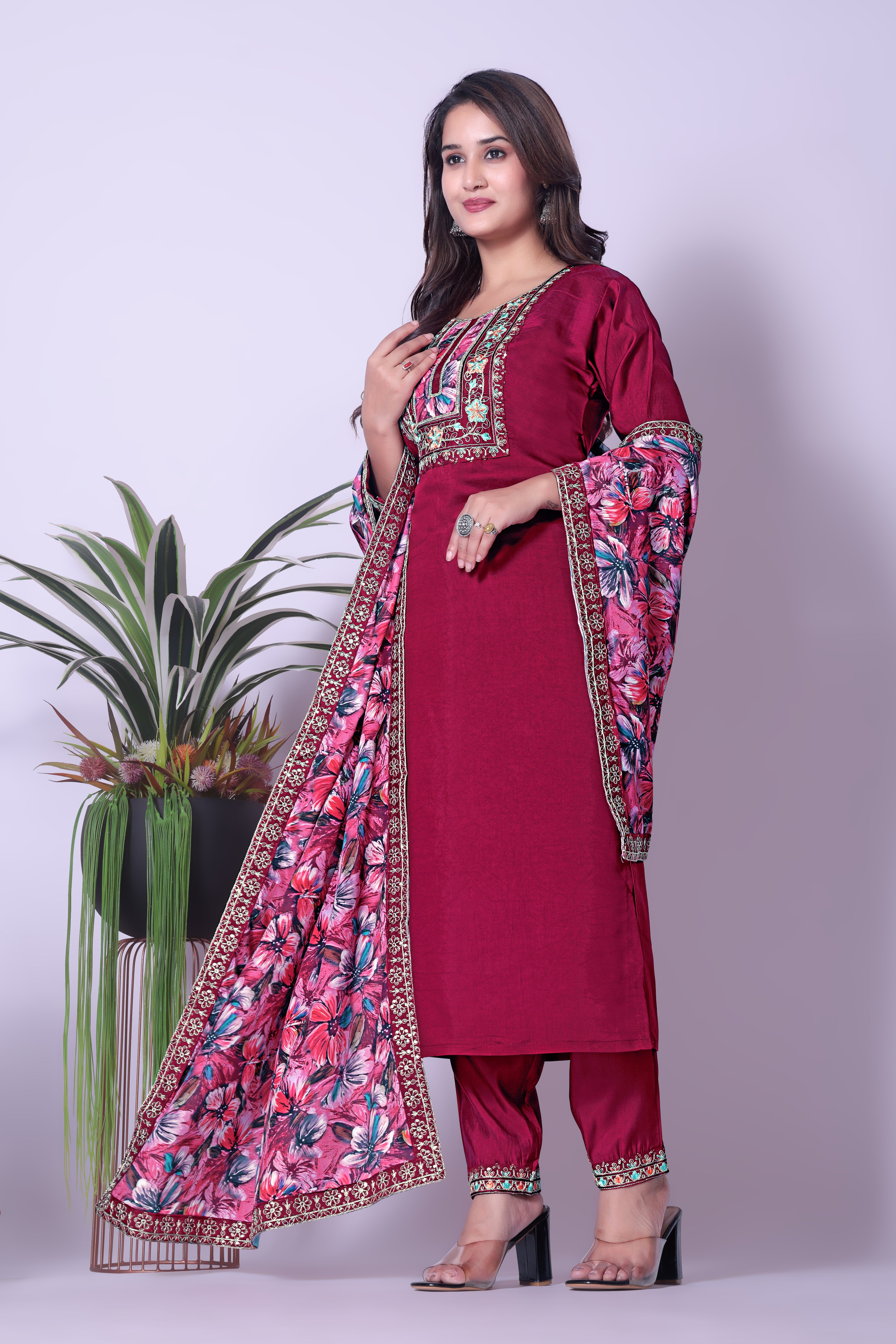 Stylish Maroon Straight Kurta Palazzo Set featuring Intricate Embroidery & Multi-color Dupatta