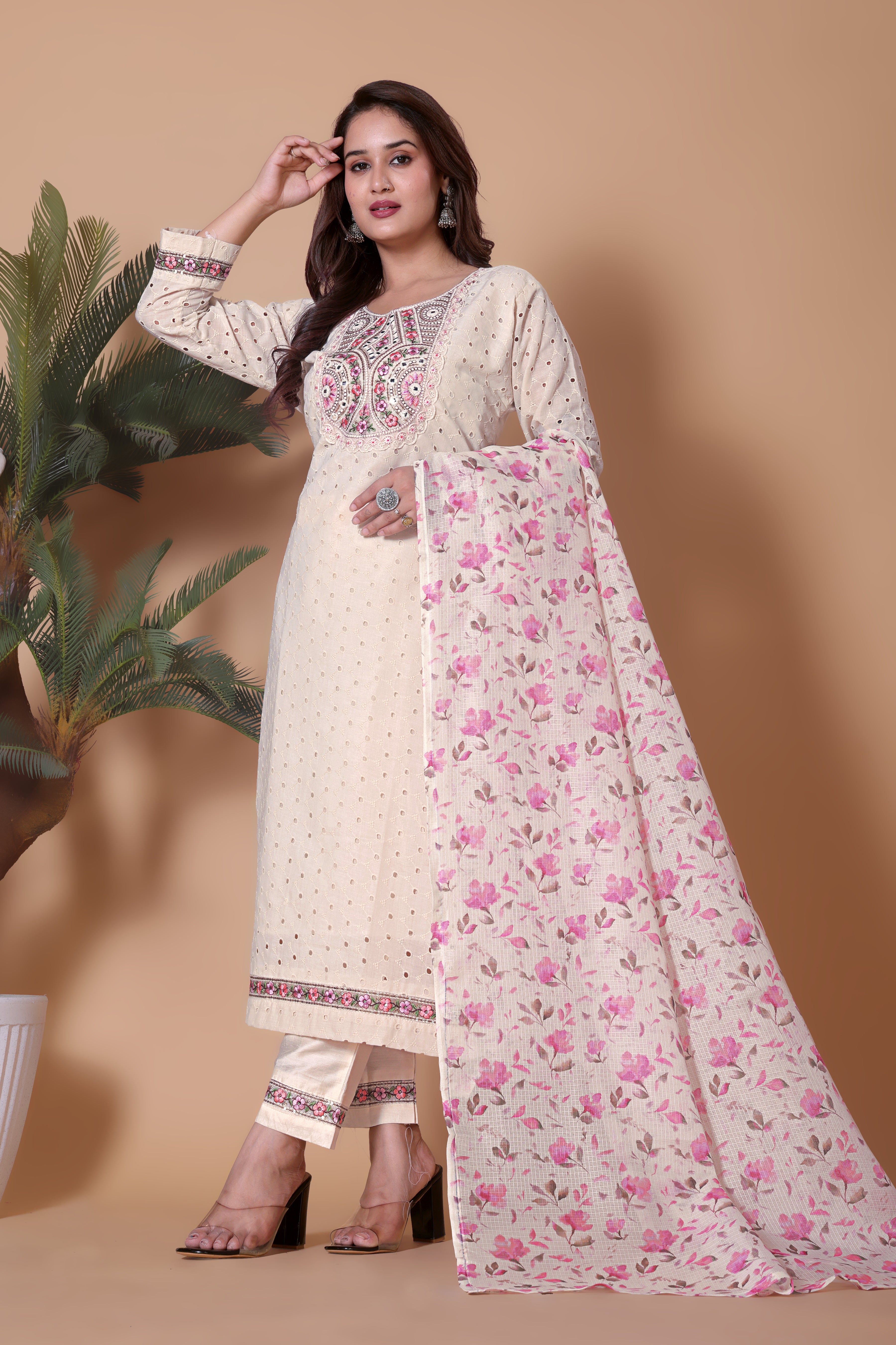 Off-White Embroidered Kurti with Pink Floral Dupatta & Pant Set