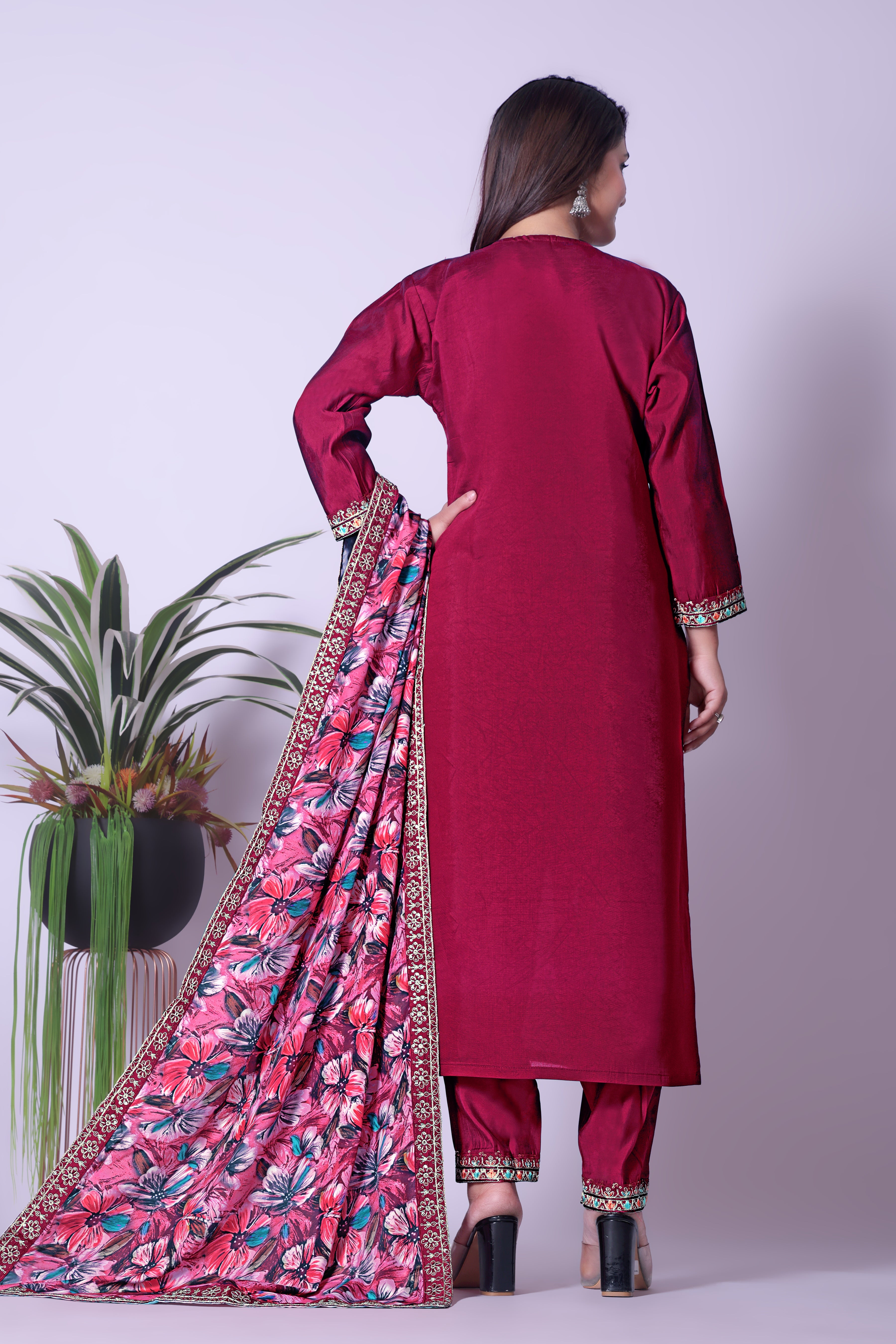 Stylish Maroon Straight Kurta Palazzo Set featuring Intricate Embroidery & Multi-color Dupatta