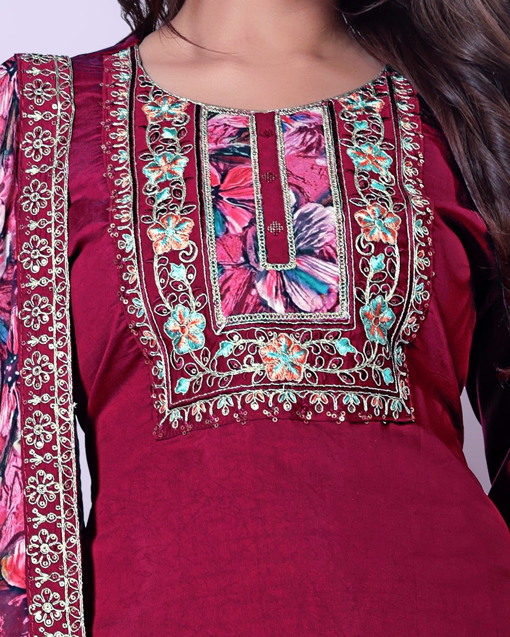 Stylish Maroon Straight Kurta Palazzo Set featuring Intricate Embroidery & Multi-color Dupatta