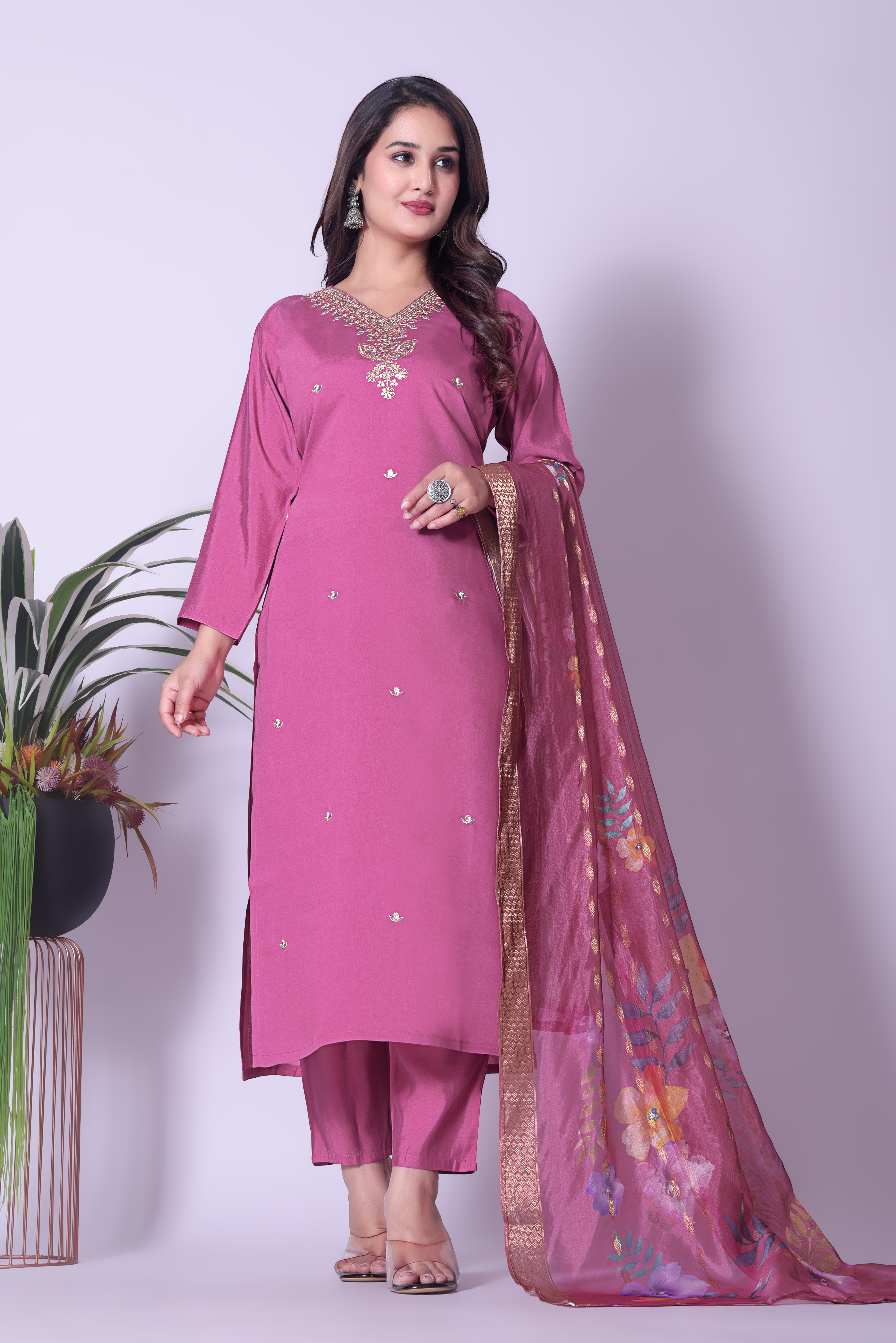 Stylish Pink Kurta Set for Women with Embellished Neckline and Floral Organza Dupatta