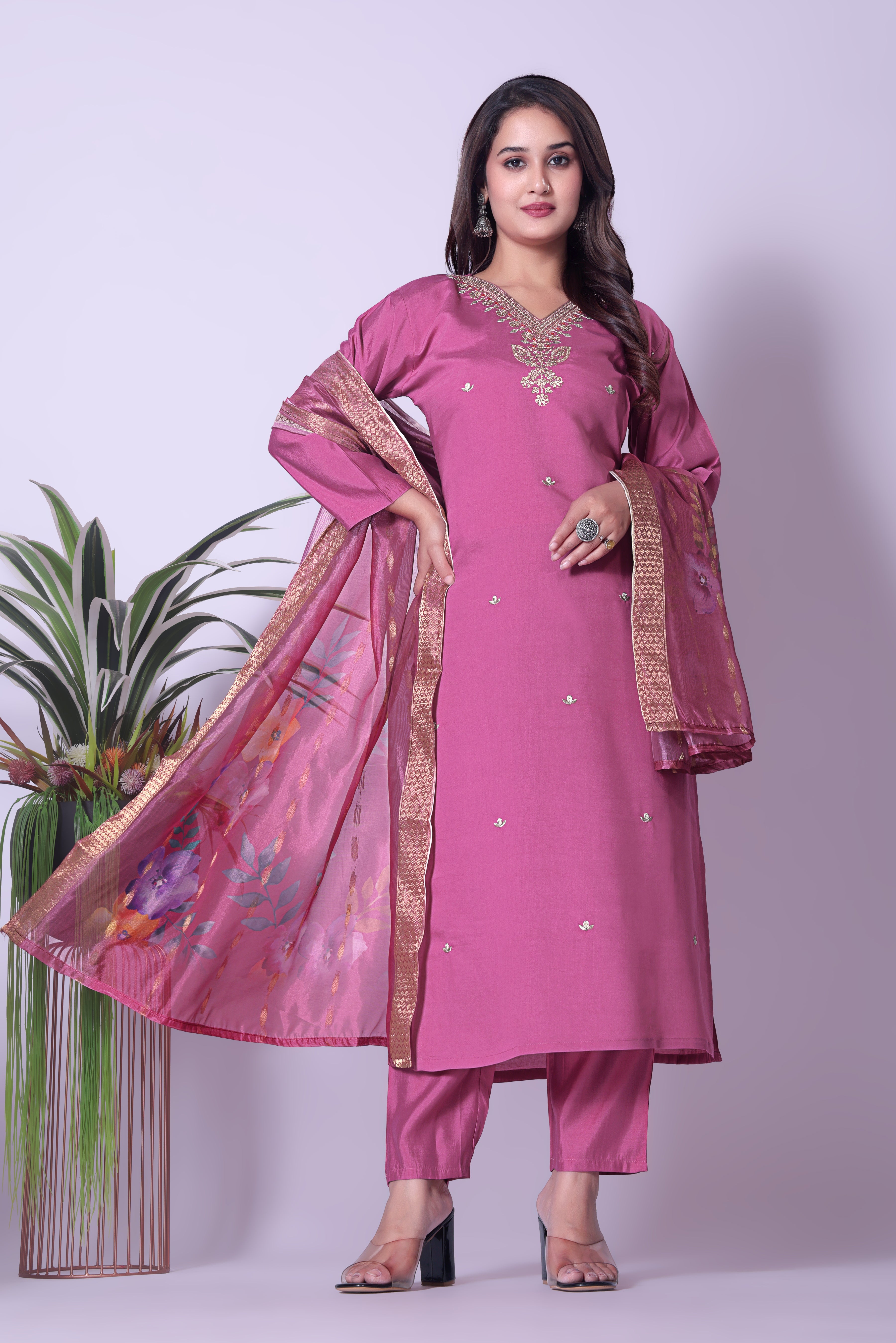 Stylish Pink Kurta Set for Women with Embellished Neckline and Floral Organza Dupatta