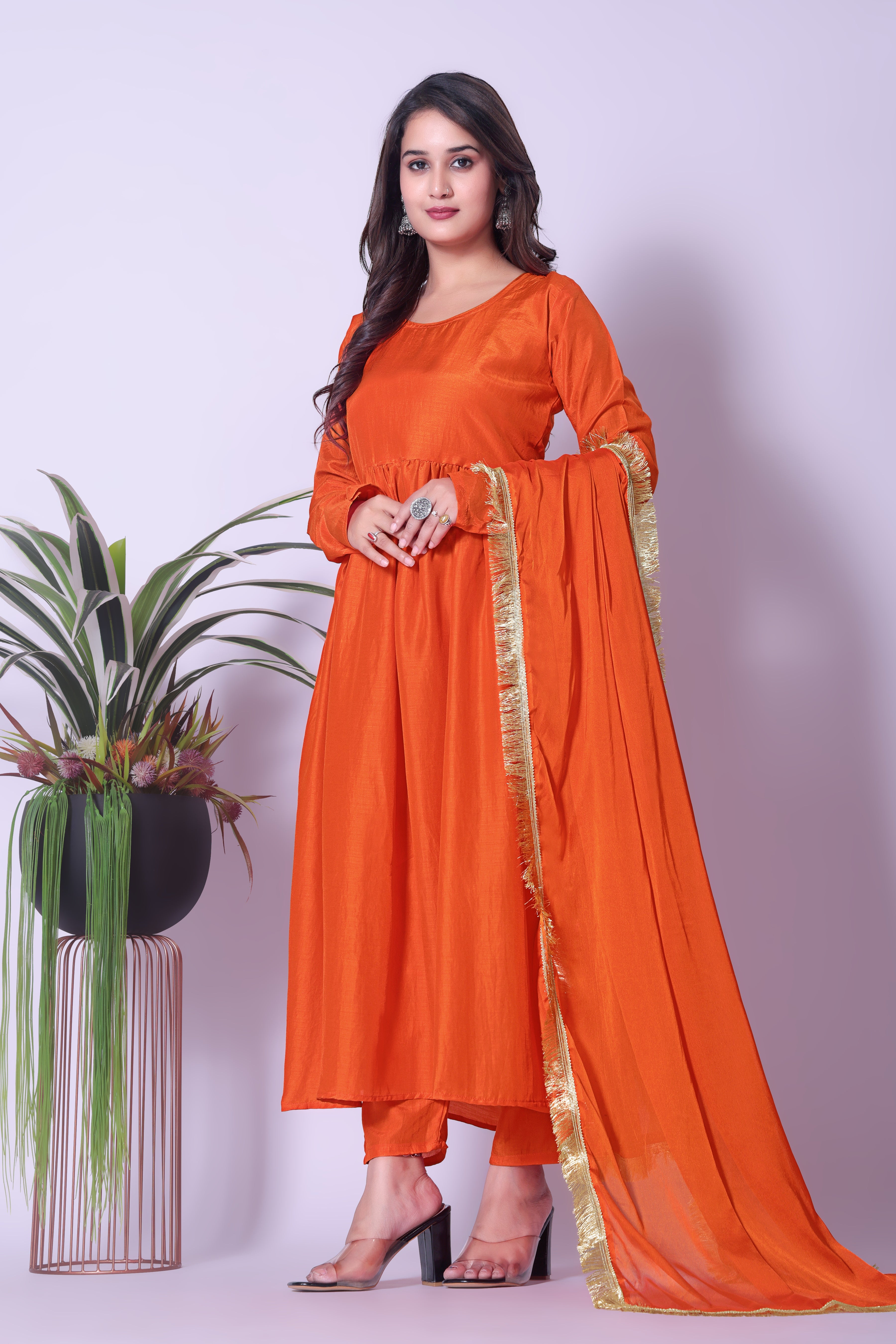 Vibrant Orange Rayon Flared Kurta Set for Women with Gota Patti Dupatta