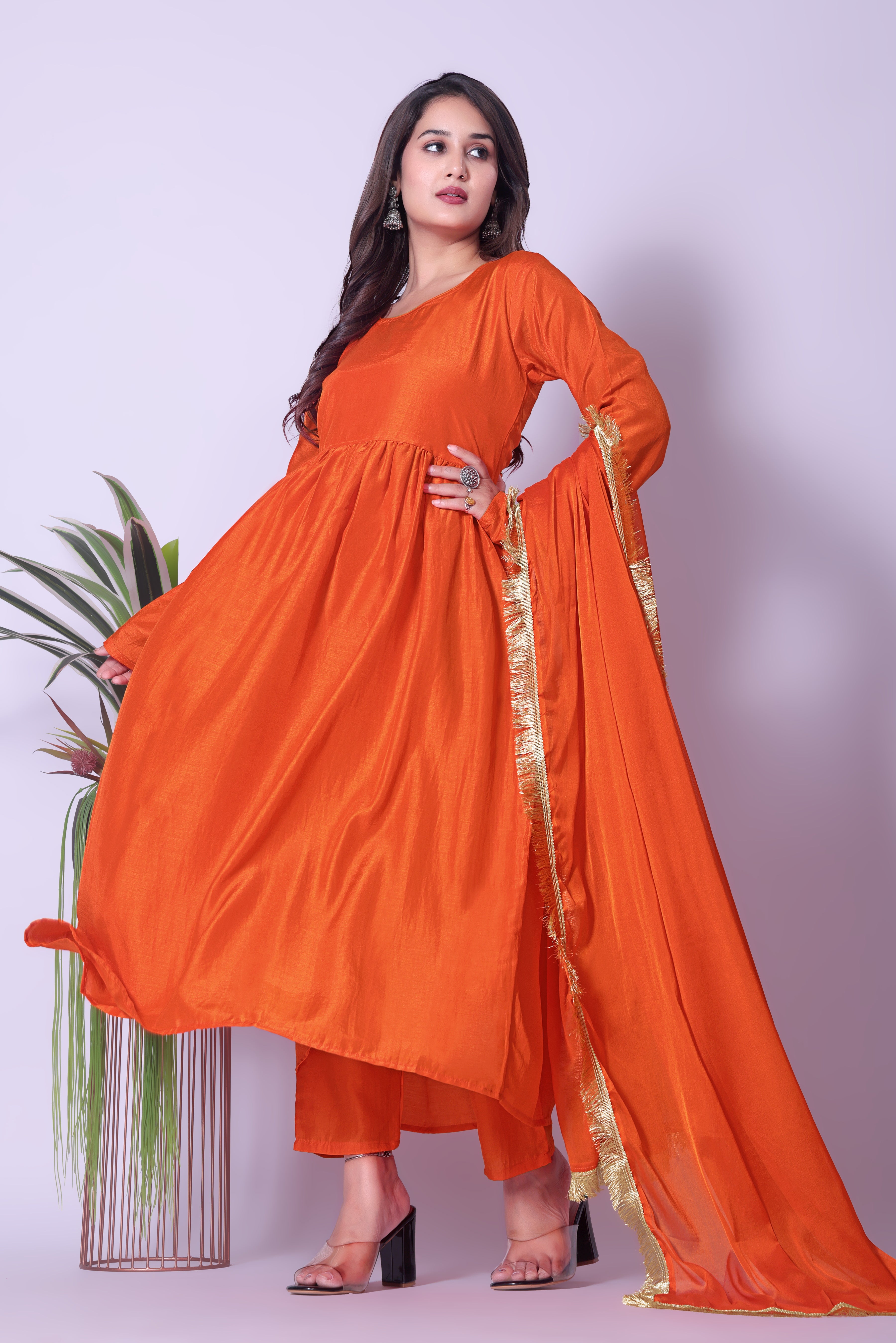 Vibrant Orange Rayon Flared Kurta Set for Women with Gota Patti Dupatta