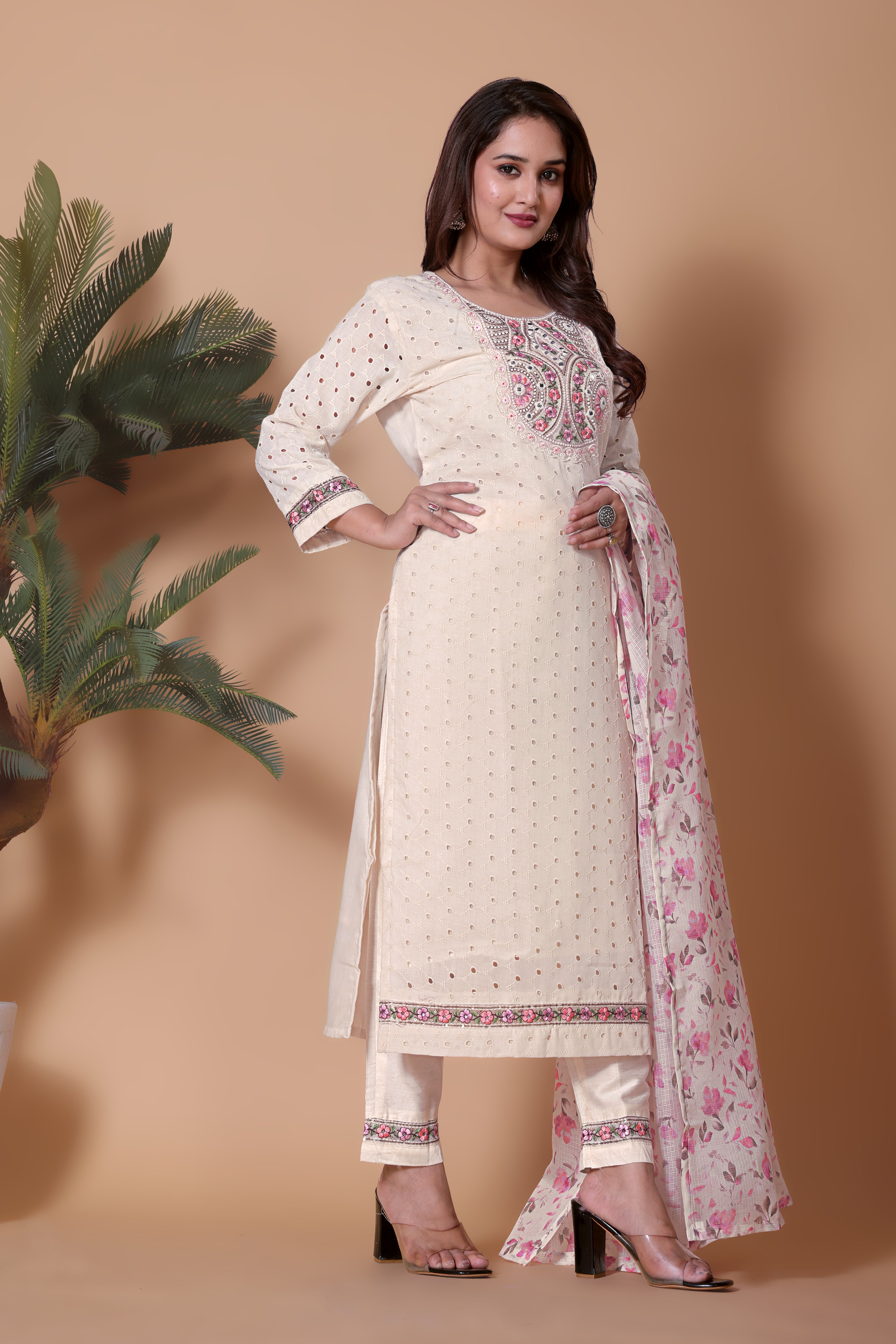 Off-White Embroidered Kurti with Pink Floral Dupatta & Pant Set