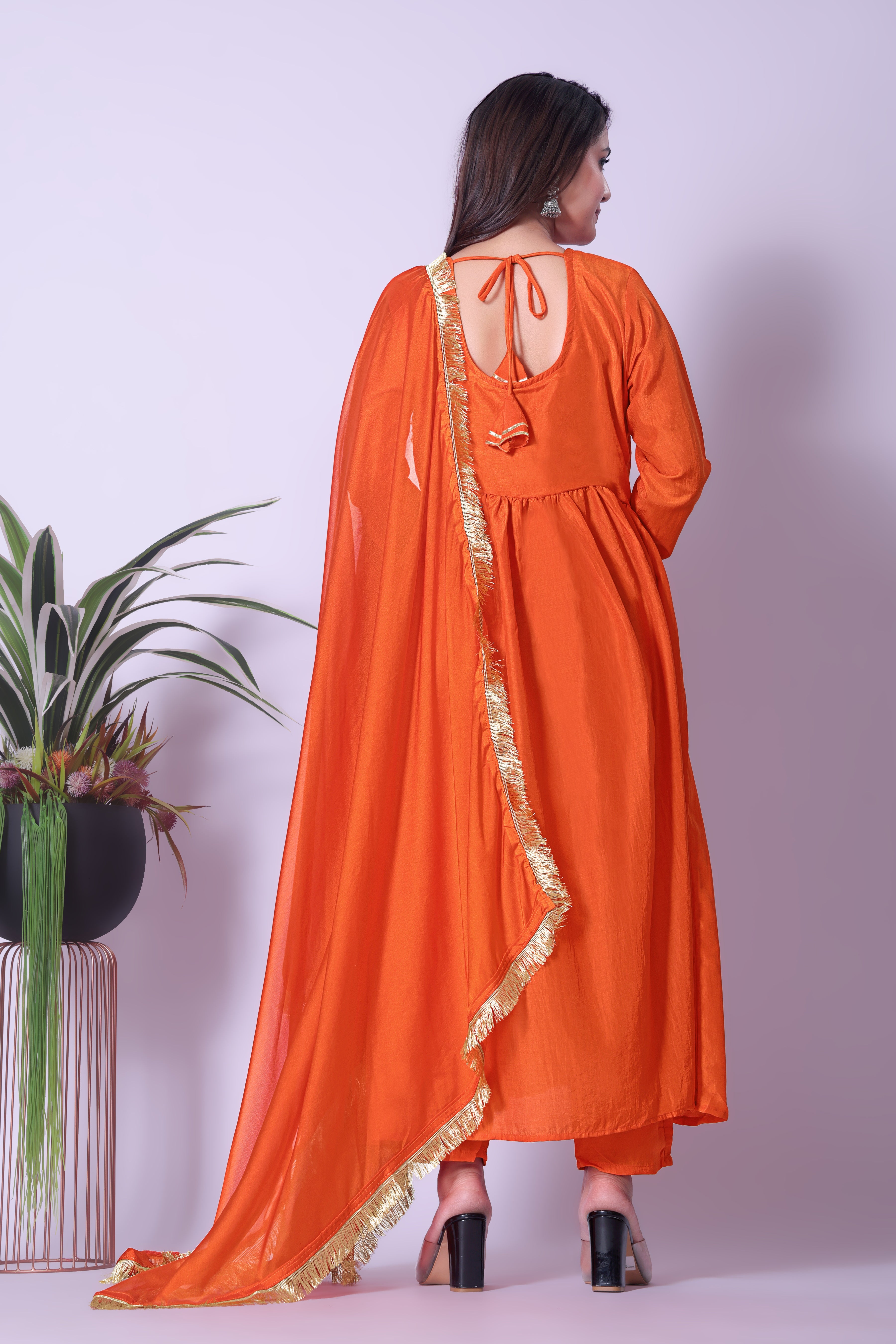 Vibrant Orange Rayon Flared Kurta Set for Women with Gota Patti Dupatta