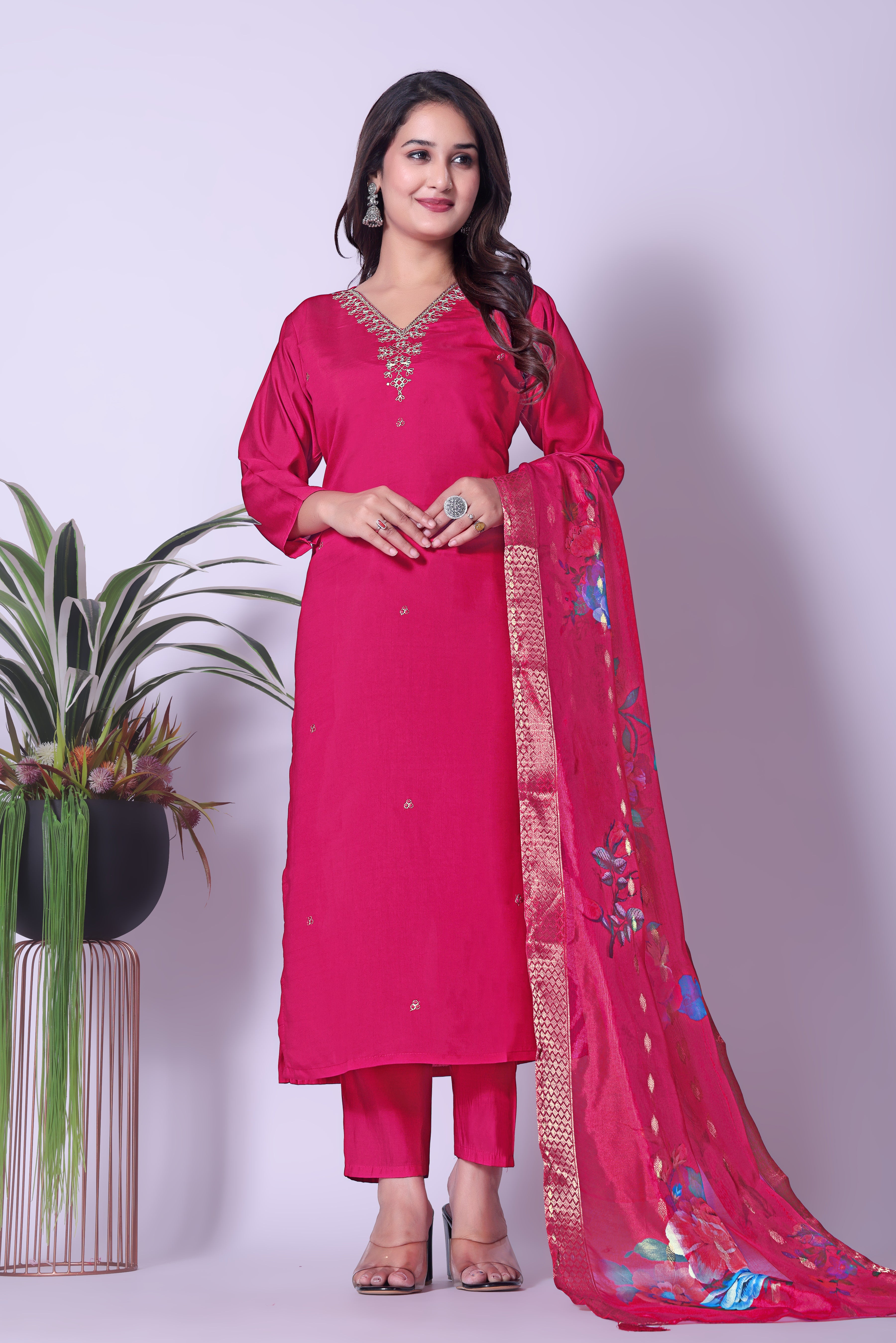 Women's Silk Blend Kurta Pant Dupatta Set with Embellished Neckline