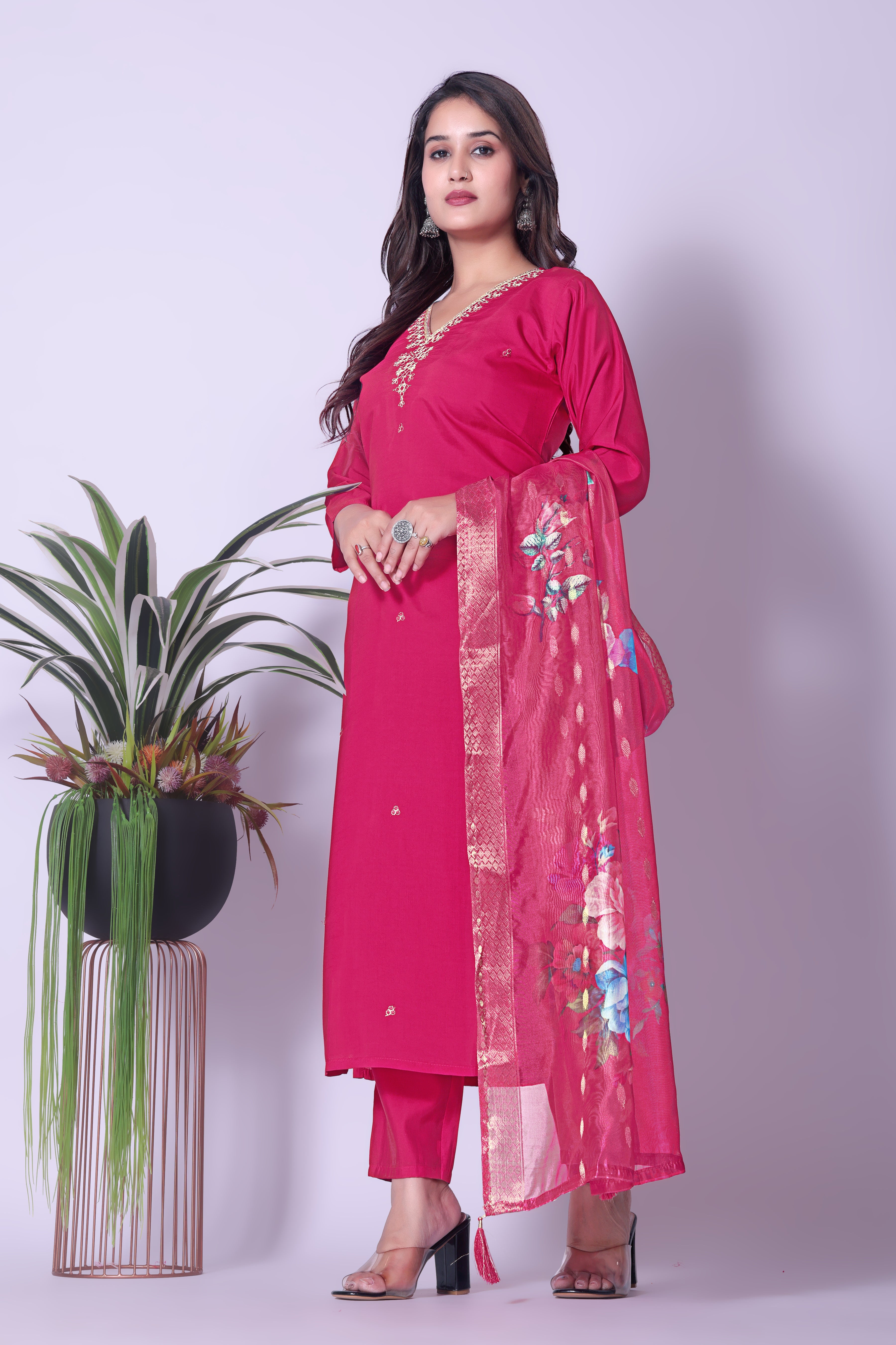 Elegant Rani Pink Kurta Set with Intricate Neckline Embroidery & Printed Dupatta.
