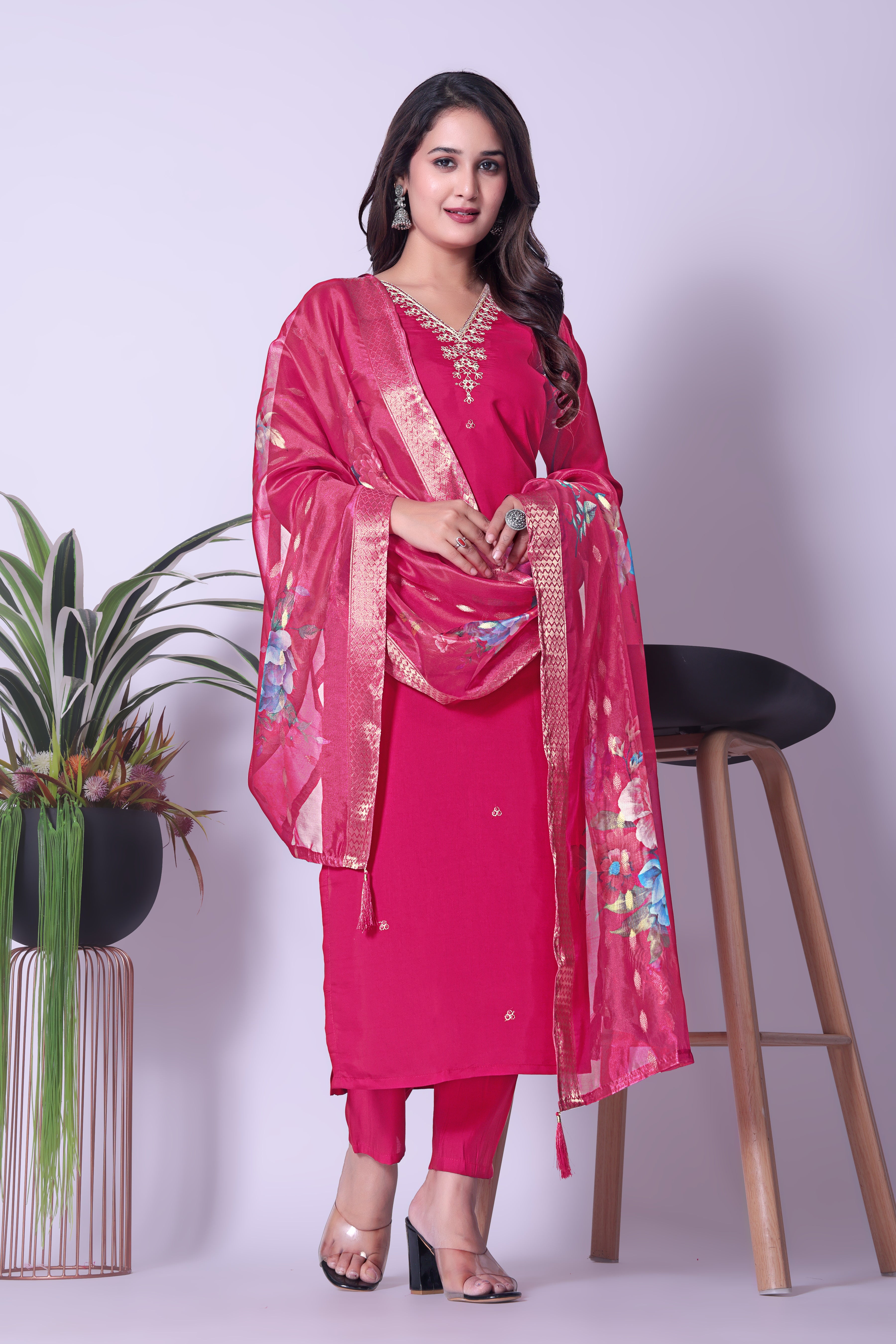Elegant Rani Pink Kurta Set with Intricate Neckline Embroidery & Printed Dupatta.