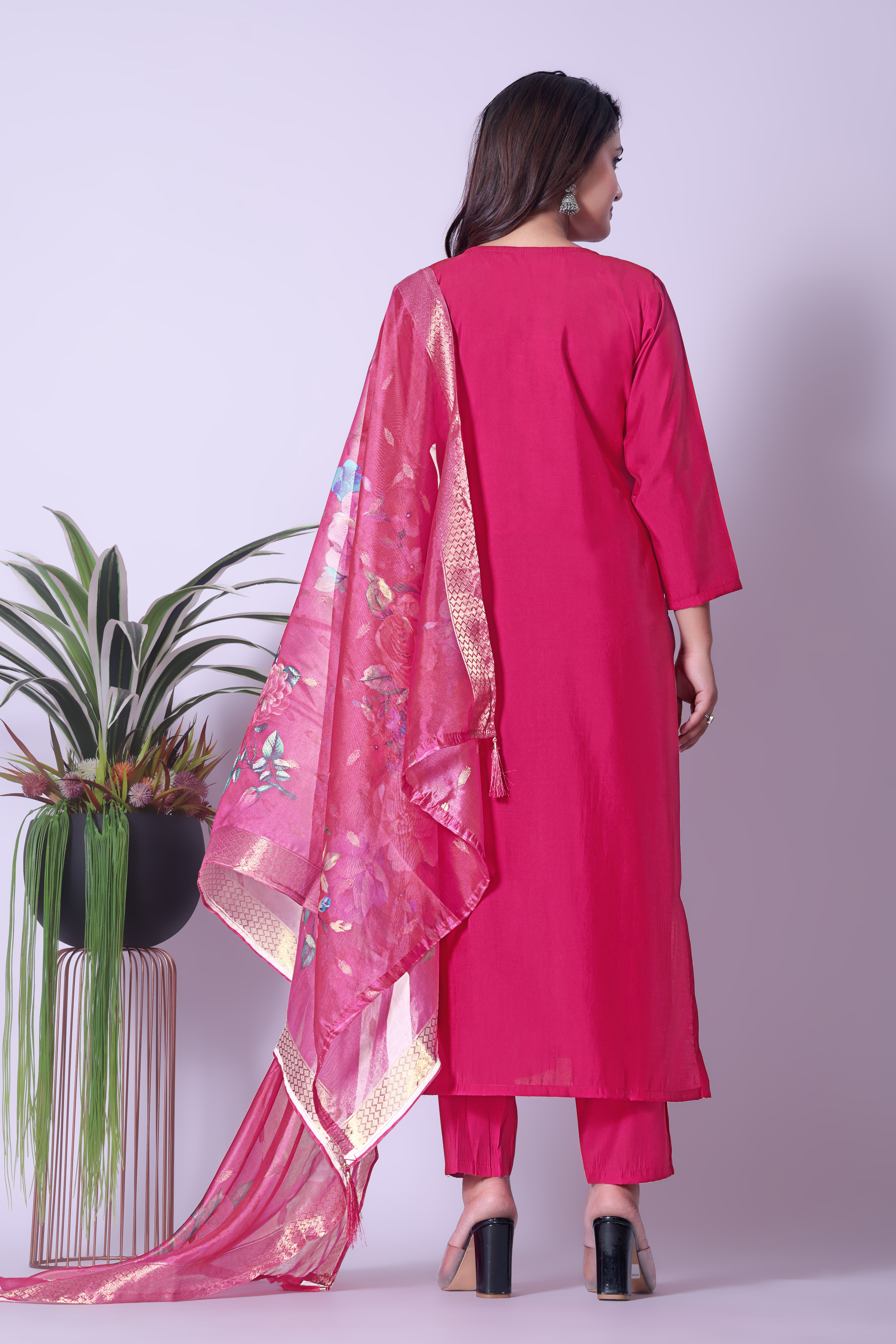 Elegant Rani Pink Kurta Set with Intricate Neckline Embroidery & Printed Dupatta.