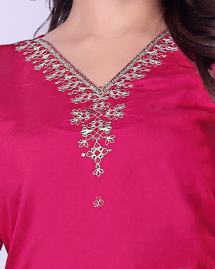 Women's Silk Blend Kurta Pant Dupatta Set with Embellished Neckline