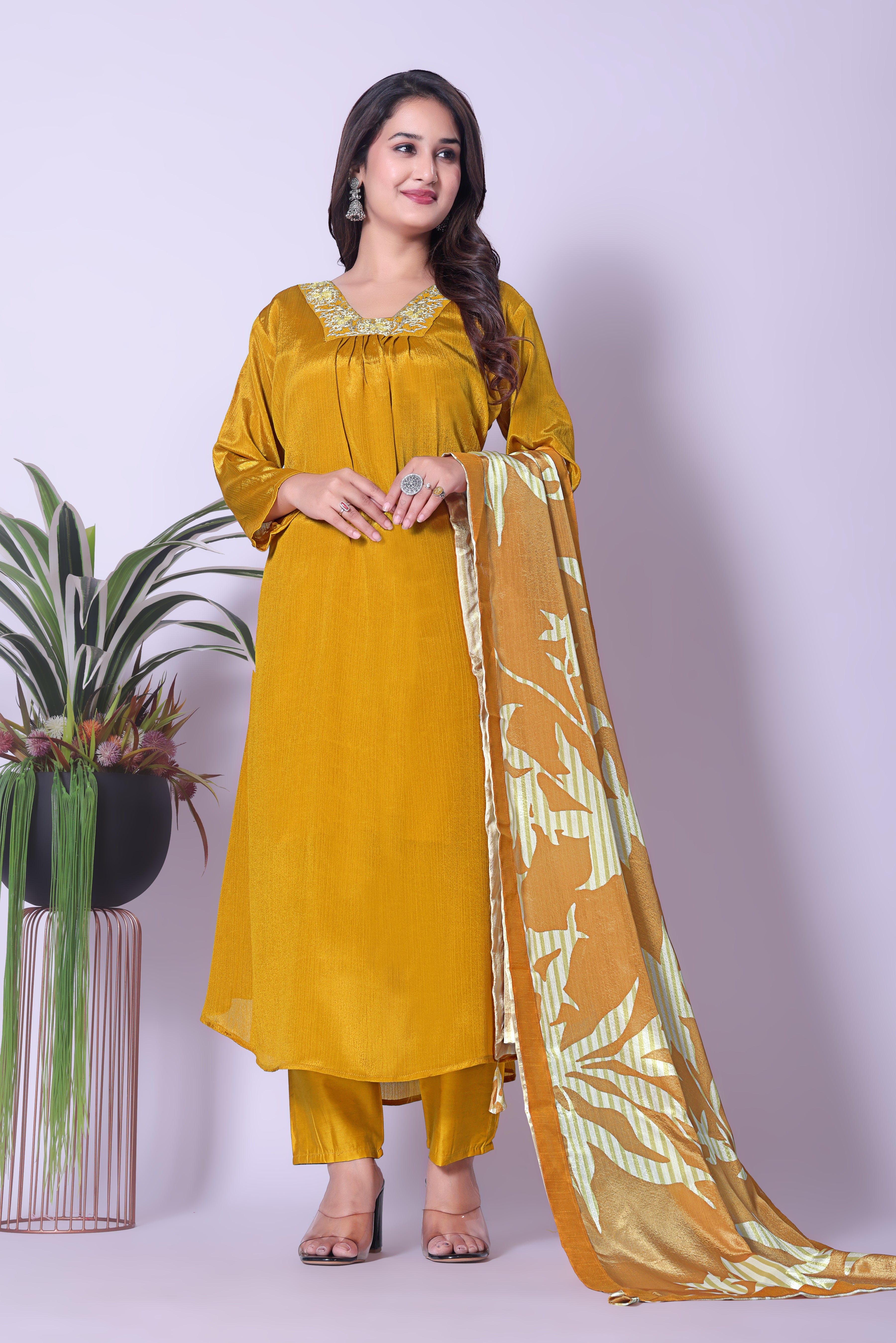 Women's Viscose Silk Kurta, Dhoti Pants & Printed Dupatta Set