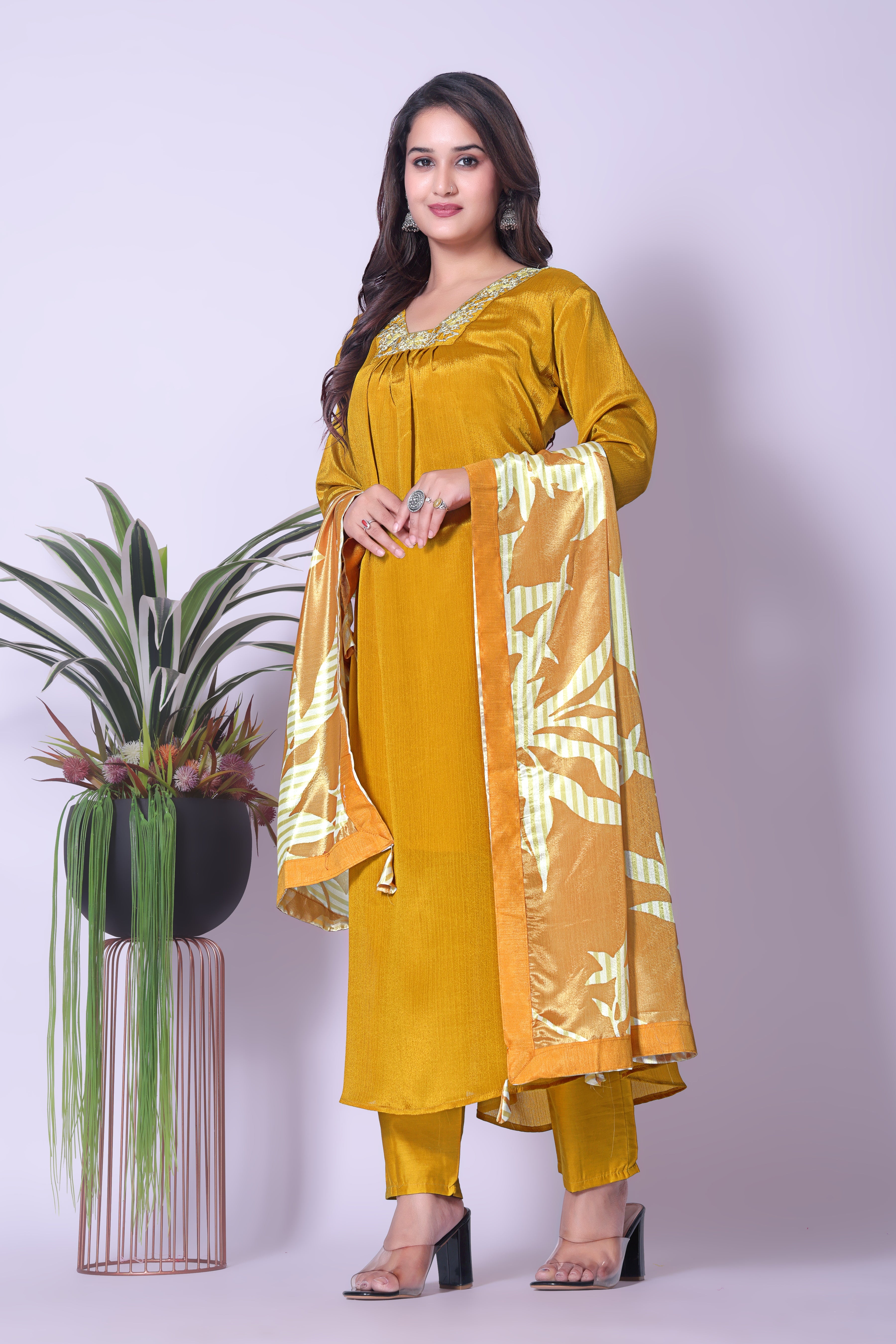 Women's Viscose Silk Kurta, Dhoti Pants & Printed Dupatta Set