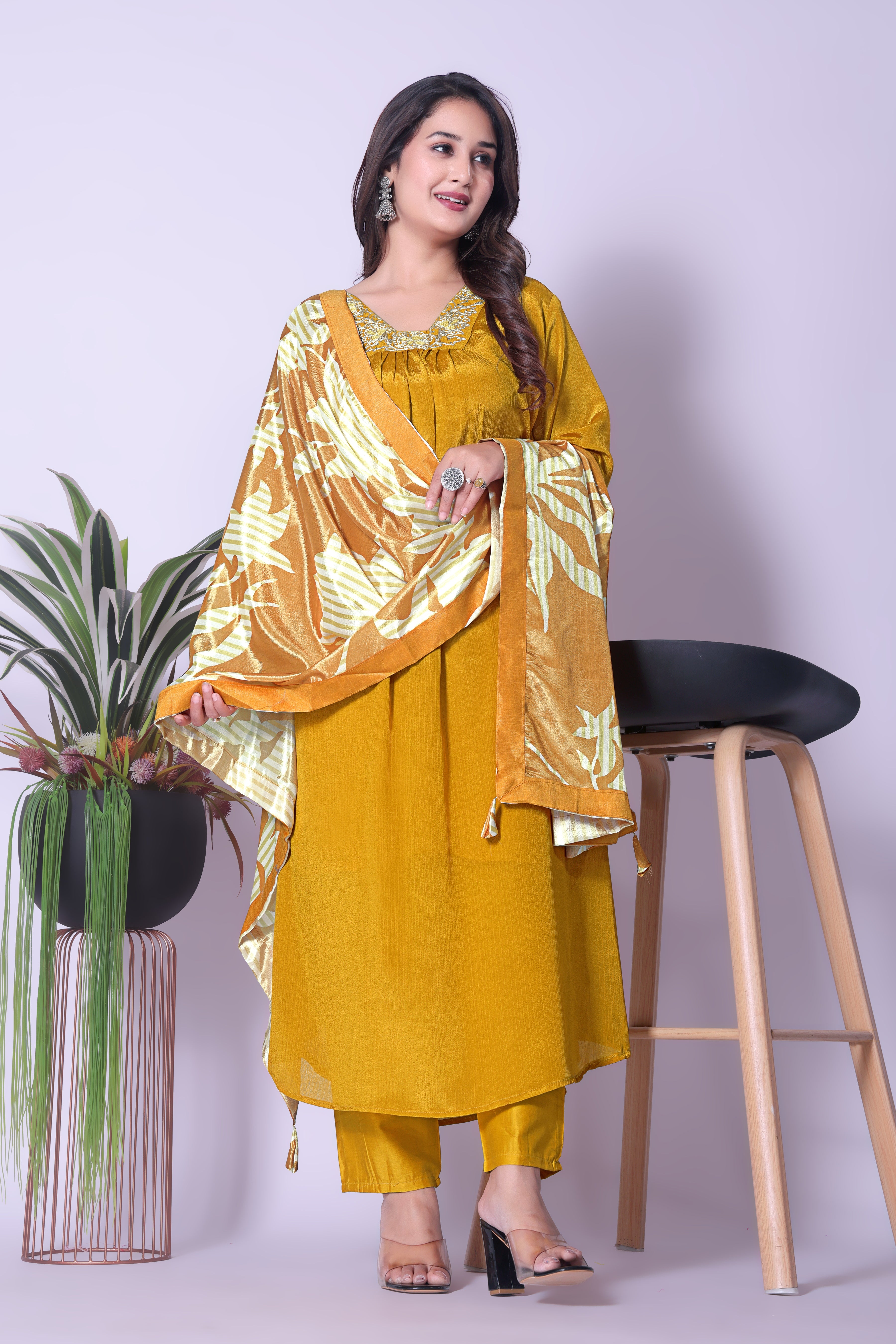 Women's Viscose Silk Kurta, Dhoti Pants & Printed Dupatta Set