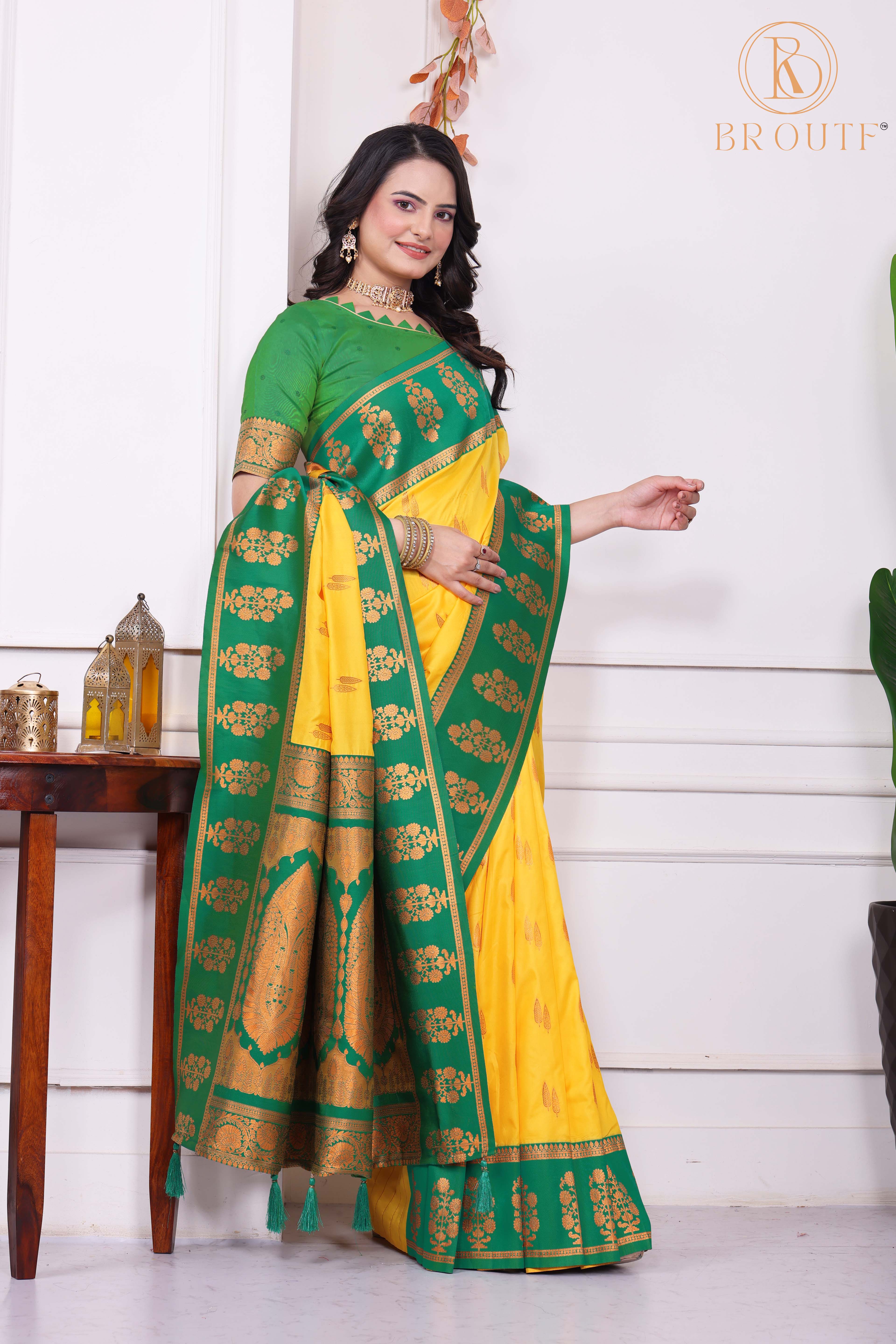 Festive Yellow & Green Banarasi Style Silk Saree