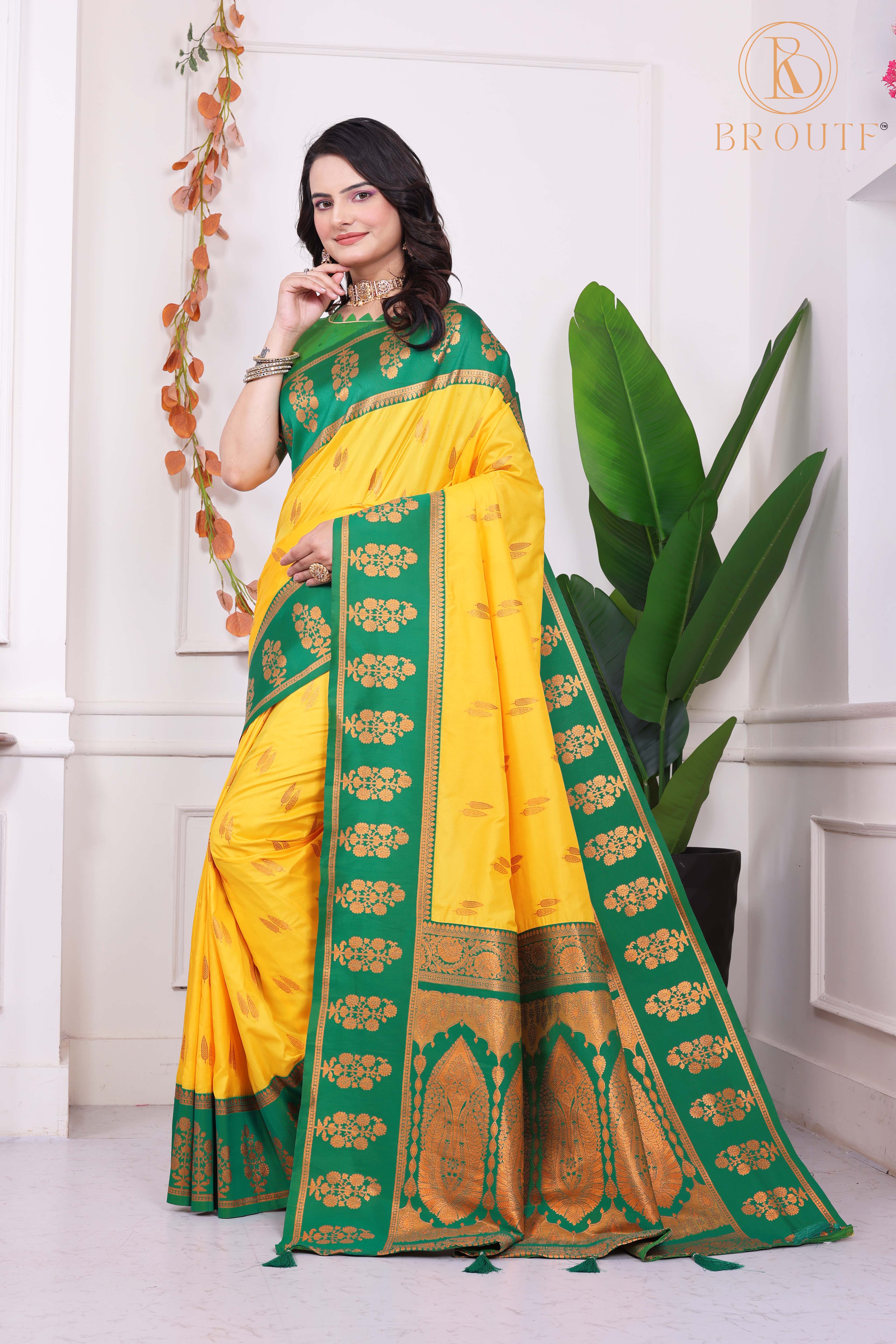 Festive Yellow & Green Banarasi Style Silk Saree